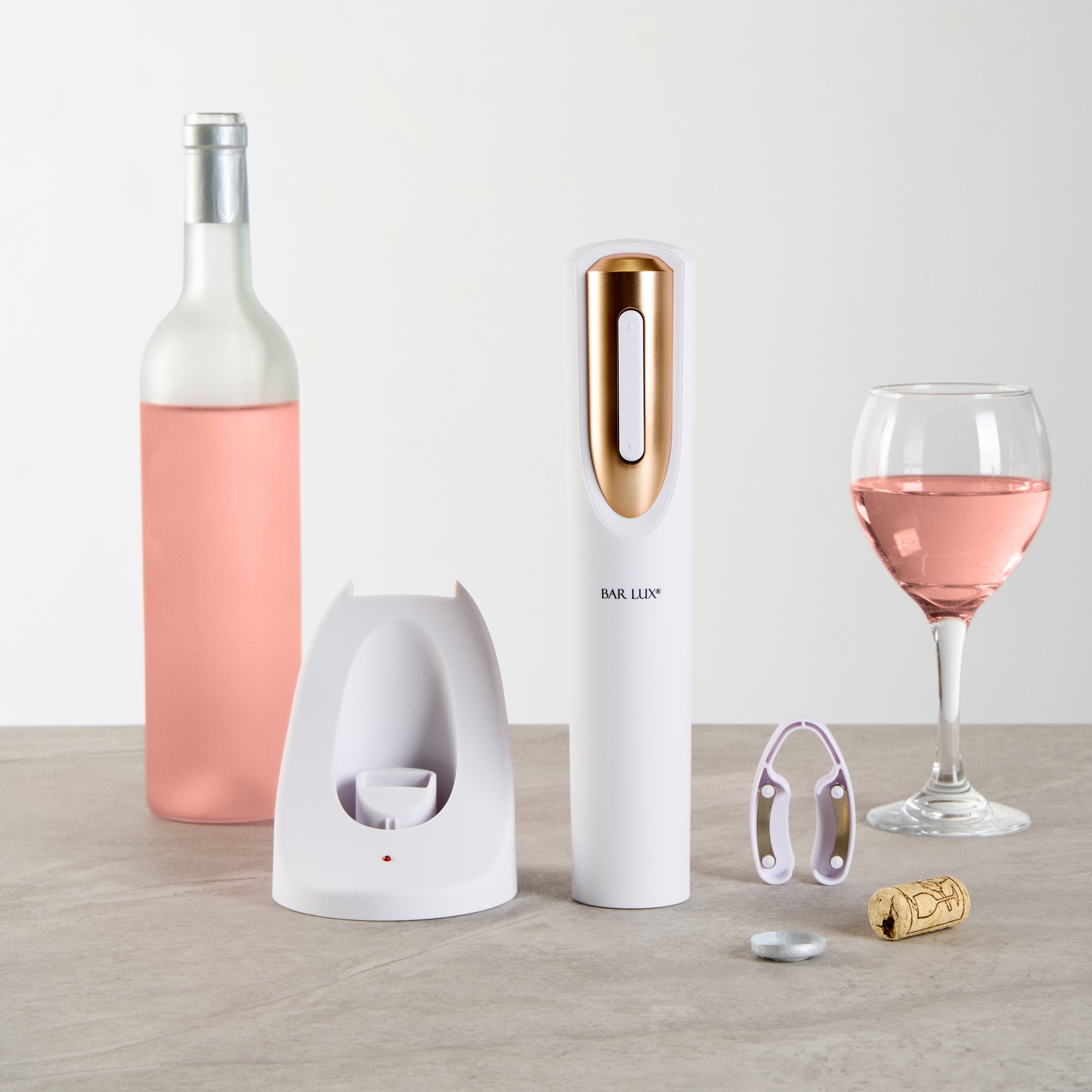 Premium White & Rose Gold Electric Wine Opener with Rechargeable Base & Foil Cutter - 1 Count - Perfect for Dinner Parties, Weddings & Home Entertaining