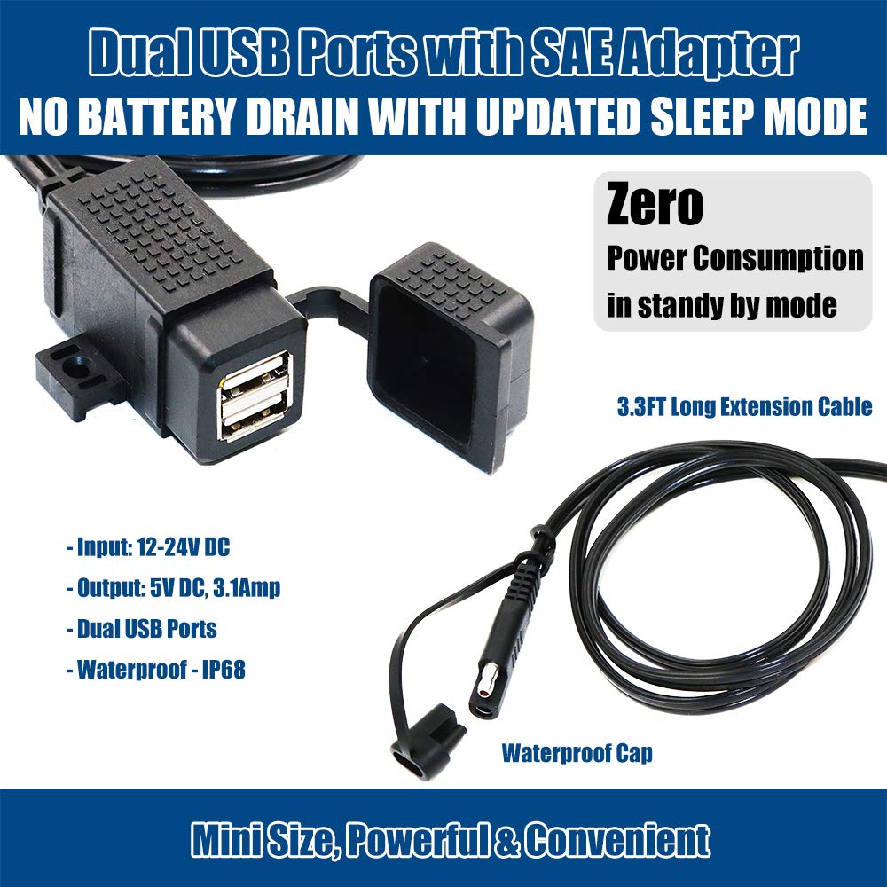 MOTOPOWER MP0609C 3.1A Waterproof Dual USB Charger for Motorcycle - SAE to USB Adapter for Phone, Tablet, GPS - Perfect for Road Trips & Outdoor Adventures