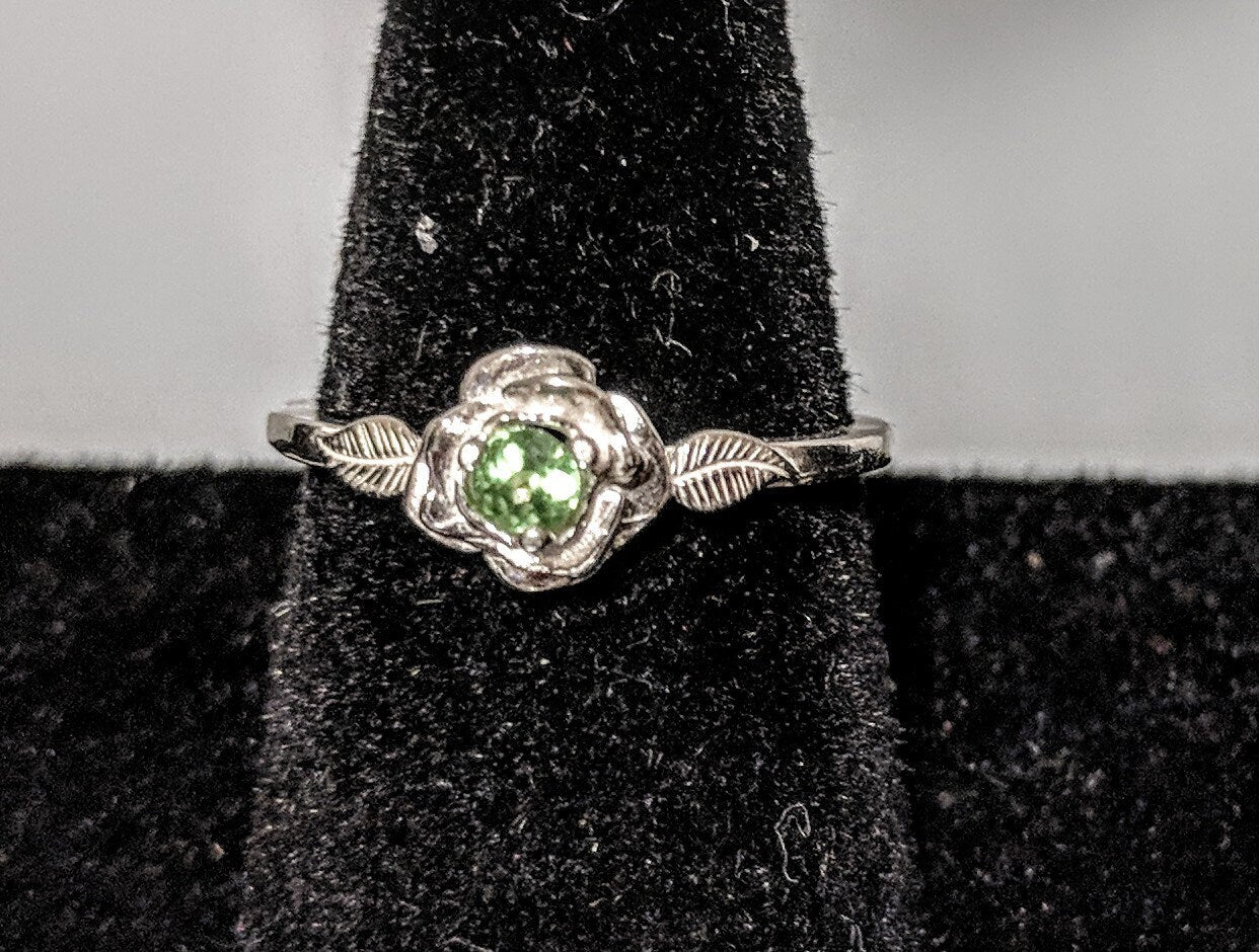 Solid Sterling Silver or 14K White/Yellow/Rose Gold Floral Rose with Leaves Ring - Natural Gemstone Promise Ring (Size 4-7) for Weddings, Anniversaries & Romantic Gifts