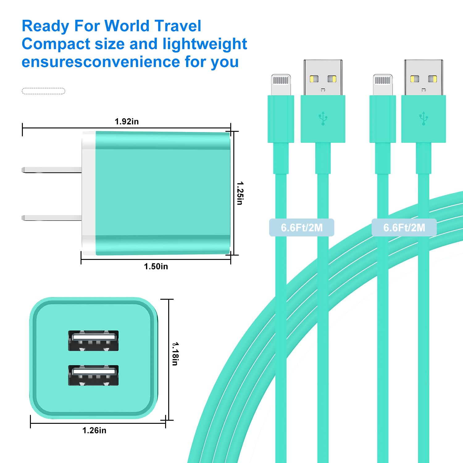 Fast Charging iPhone Charger & Wall Plug 2-Pack - 6ft Lightning Cable & Dual Port USB Adapter for iPhone 14 Pro Max/13/12/11/XR/XS/8/7/6S/SE & iPad - Perfect for Home, Office & Travel Use (Green)