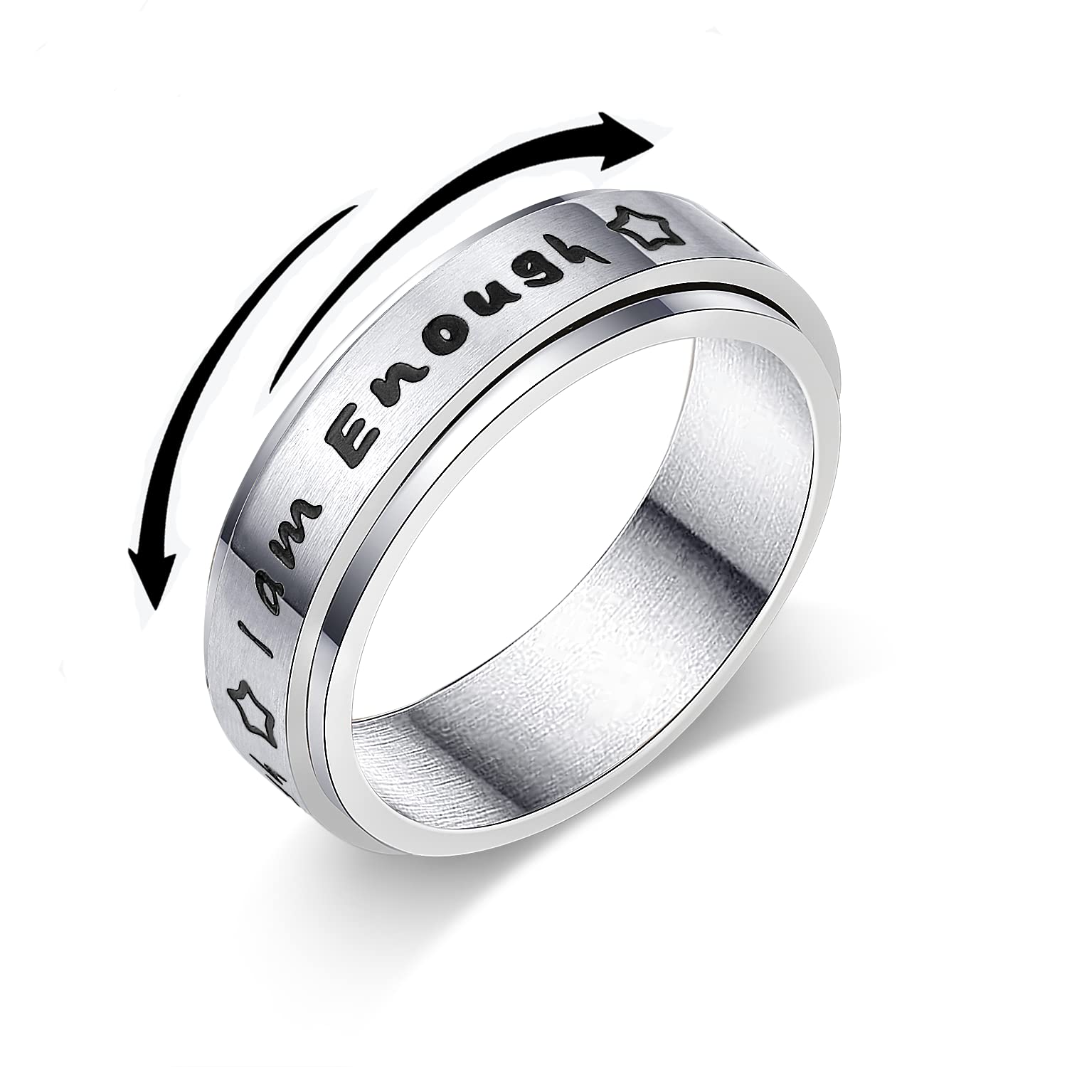 Stainless Steel Spinner Ring for Women & Men - Anxiety Relief Fidget Ring, Stress Relieving Therapy Jewelry, 'I Am Enough' Inspirational Promise Ring (Size 5-10) - Perfect for ADHD, Anxiety & Focus at Work or School