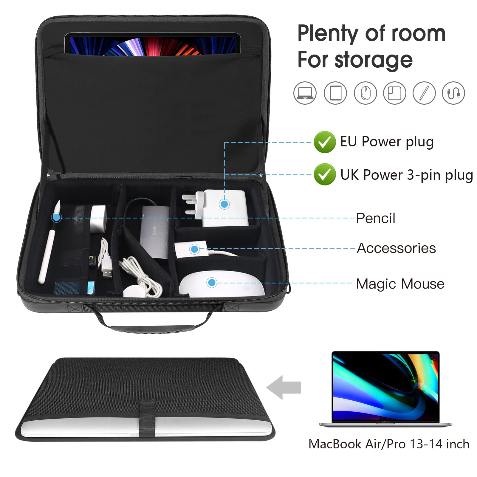 Smatree 13-14 Inch Laptop Shoulder Bag for MacBook Pro & Air - Durable Hard Shell Case with Accessory Compartment (UK/EU Power Plug Compatible) - Perfect for Business Travel, Commuting & College