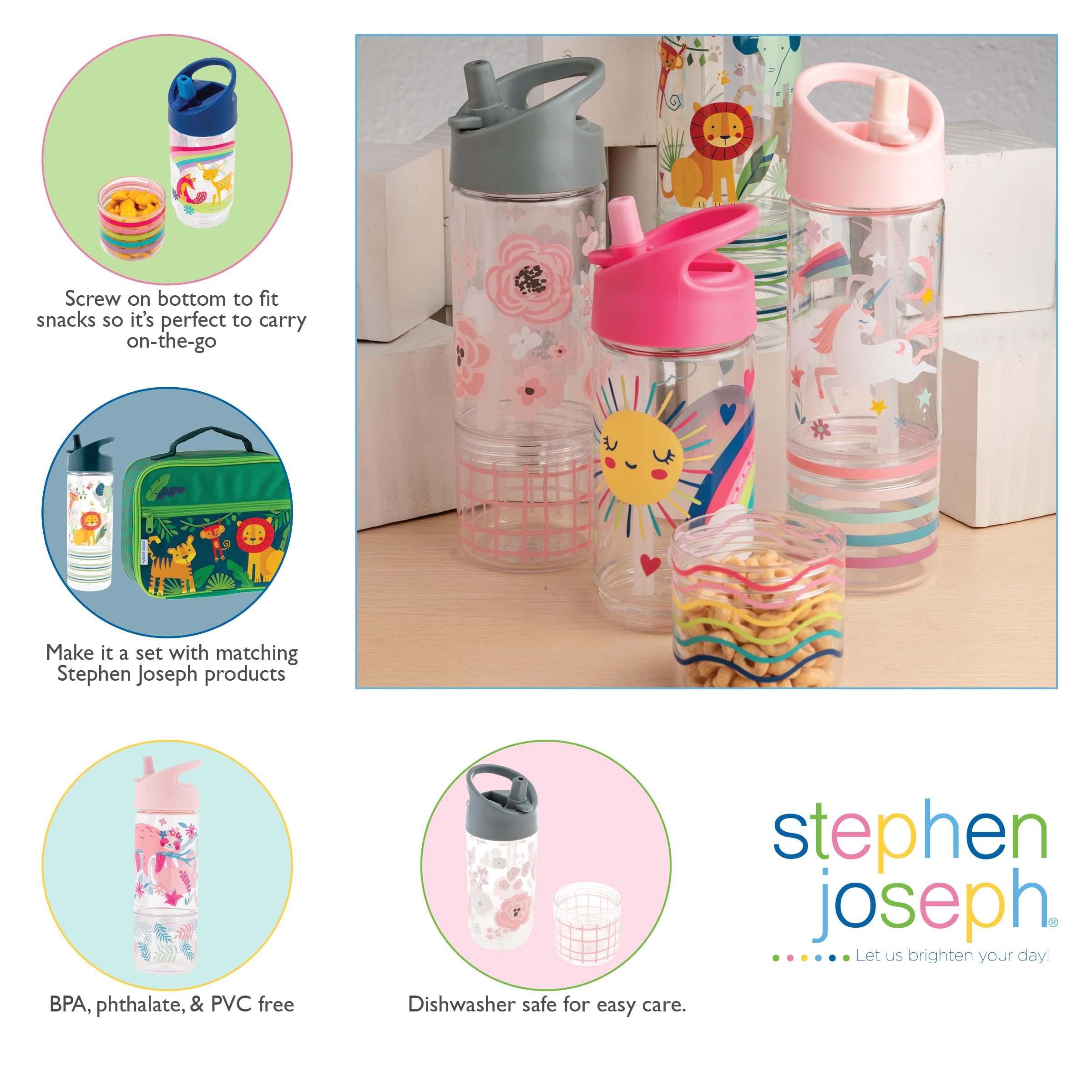 Stephen Joseph Kids Sip and Snack Water Bottle - 12oz BPA-Free Tritan Plastic, Leak-Proof Drinking Bottle with Snack Container for Boys & Girls, Unicorn Design - Perfect for School, Travel, and Outdoor Activities