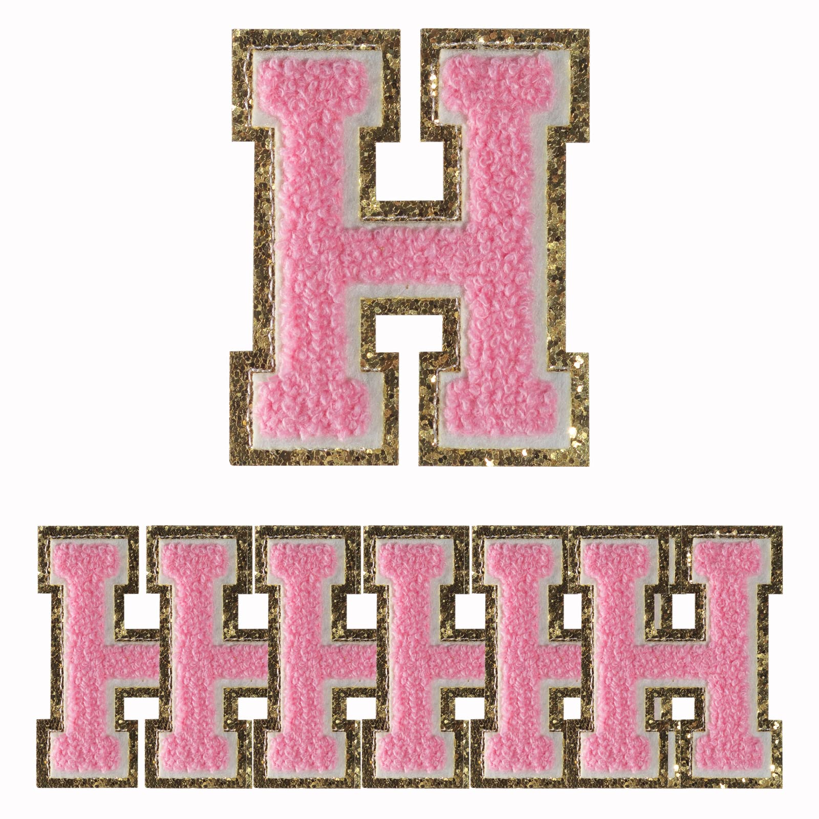 6 PCS Pink Gold Glitter Chenille Letter Patches - Embroidered Iron-On Letters for Hats, Shirts, Shoes, Jeans & Bags (3.1in Height Letter H) - Perfect for DIY Crafts, Custom Clothing & Personalized Gifts