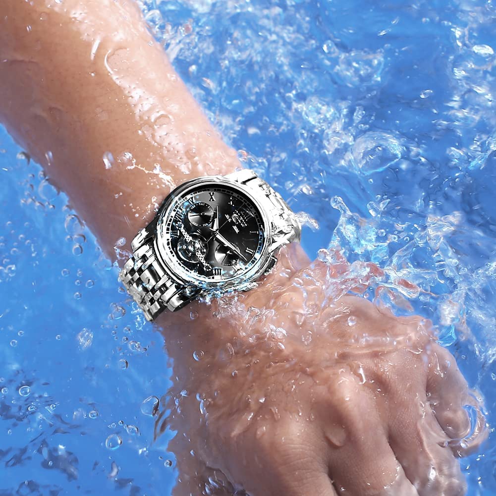 OLEVS Automatic Self-Winding Mechanical Watch for Men - Luxury Stainless Steel Business Chronograph with Multi-Calendar, Waterproof & Luminous Dial - Perfect for Office, Formal Events & Everyday Wear