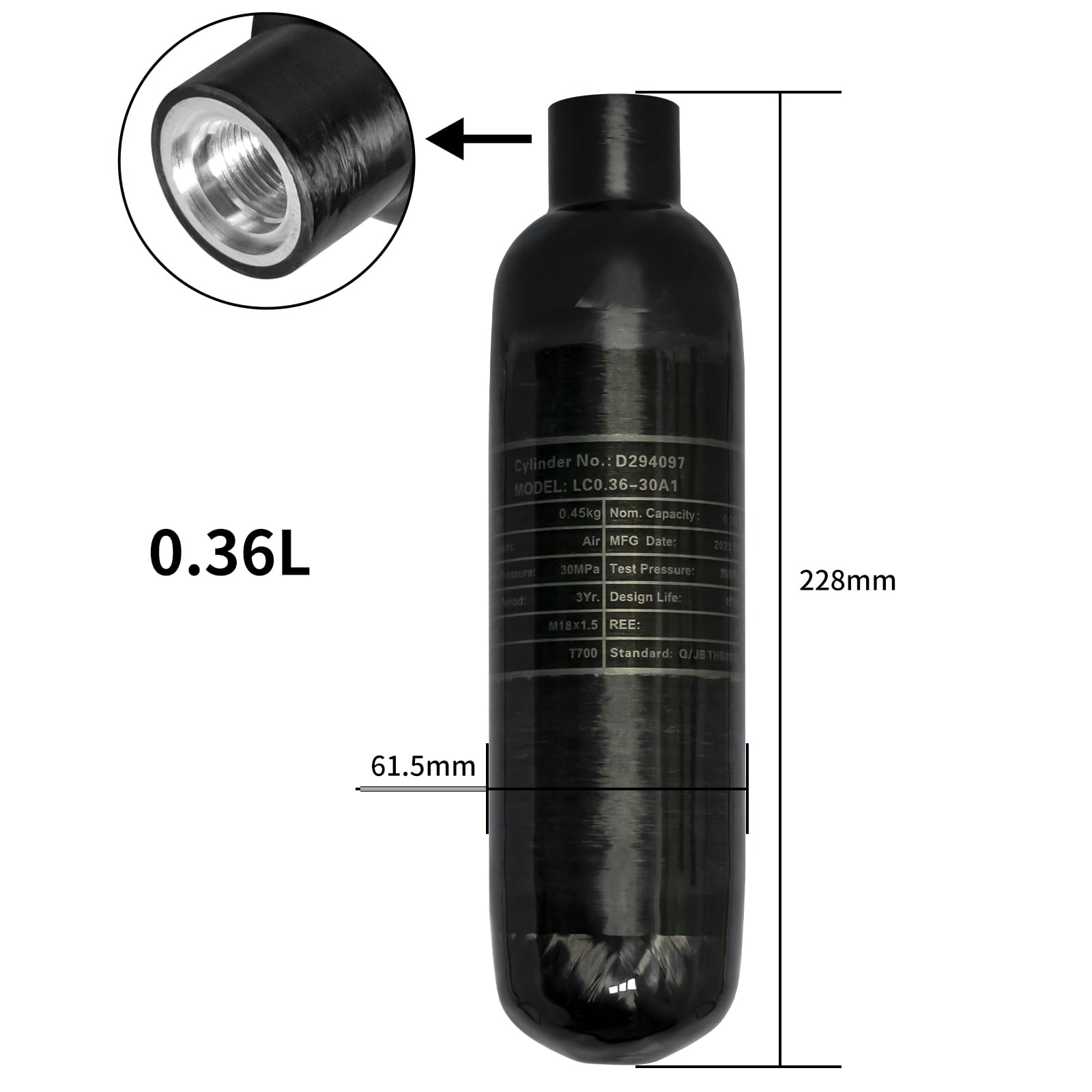 TUXING 4500psi Carbon Fiber HPA Paintball Tank - 0.36L/360CC/21Cu in High Pressure Air System for PCP, Paintball, Scuba & SCBA - Lightweight & Durable for Outdoor Sports, Airsoft & Diving Adventures