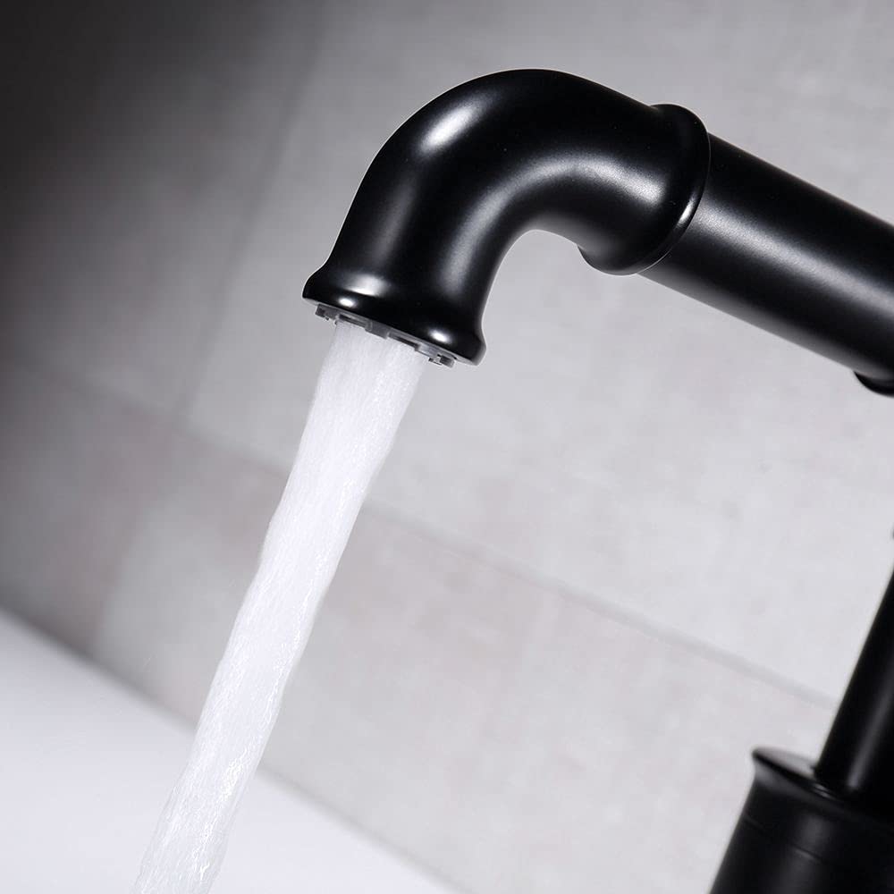KunMai Matte Black Single Handle Bathroom Sink Faucet - Industrial Pipe Style Brass Vessel Faucet for Lavatory - Perfect for Modern Farmhouse, Loft & Industrial Bathroom Decor