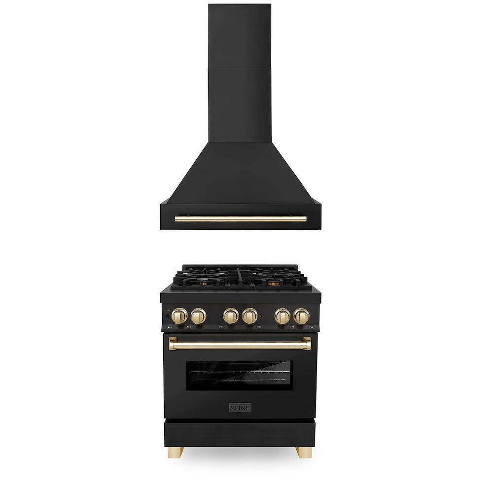 ZLINE Autograph Edition 30-inch Black Stainless Steel Dual Fuel Range with Range Hood - Professional Kitchen Package with Polished Gold Accents (2AKP RABRH30 G) - Perfect for Gourmet Cooking & Modern Home Kitchens