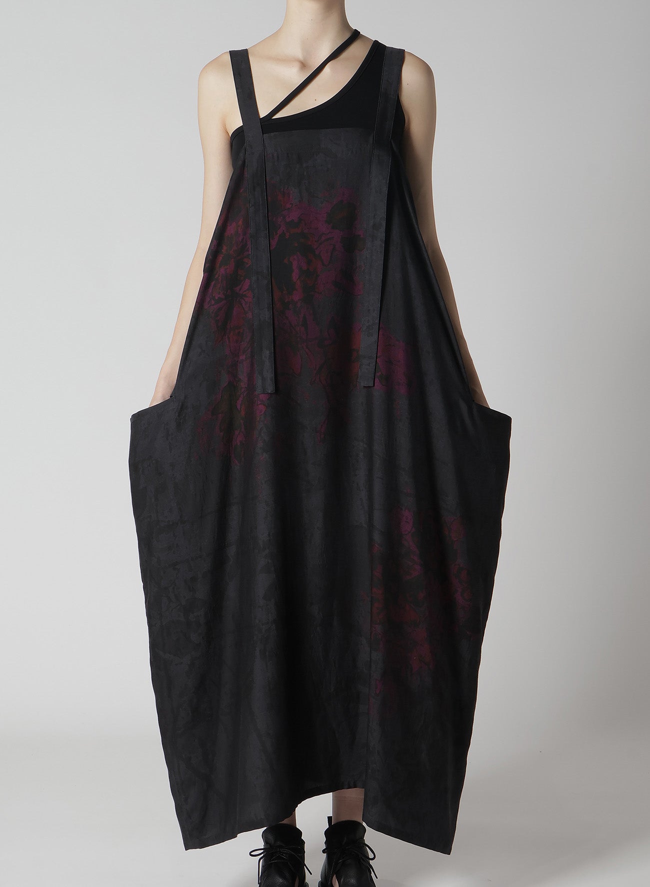 Cupro Dungaree Twill Floral & Asphalt Print Shoulder Strap Dress - Stylish Casual Wear for Women, Perfect for Summer Outings, Dates, and Office Attire