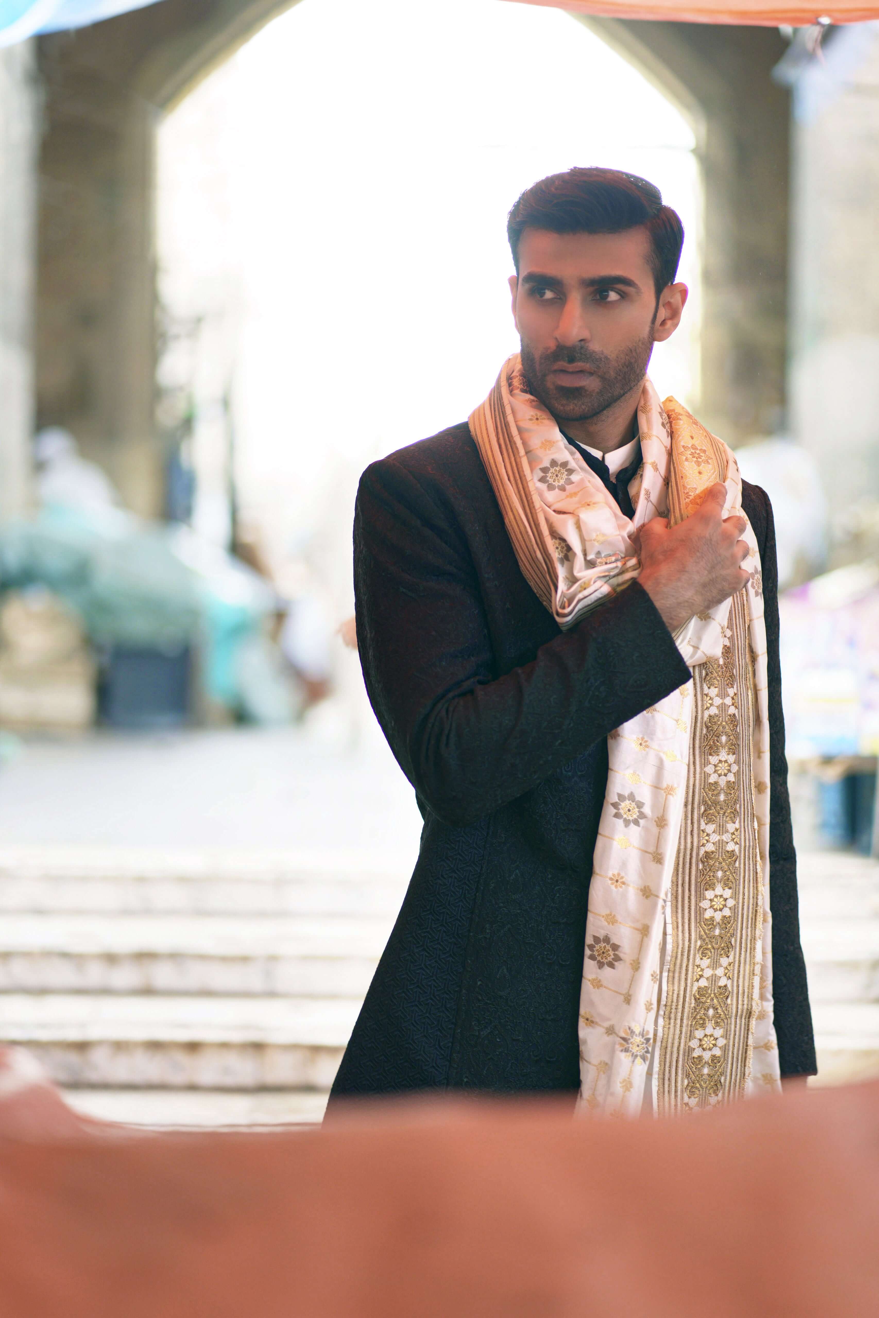 Black Tilla & Resham Jacket Sherwani for Men - Elegant Embroidered Wedding Sherwani | Perfect for Indian Weddings, Festivals & Special Occasions