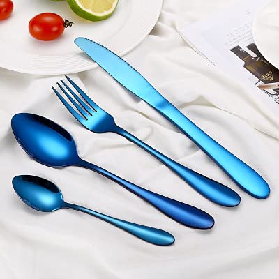Premium 24-Piece Stainless Steel Flatware Set - Vintage Silverware Cutlery for Restaurant & Home Dining (Blue) - Knives, Forks, Spoons for Elegant Dinner Parties & Everyday Use