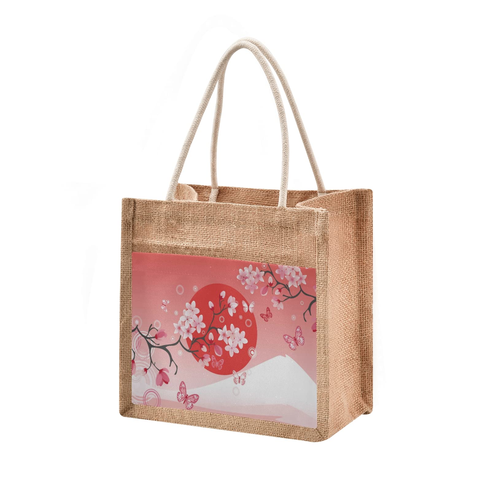 ALAZA Japanese Cherry Blossom Butterfly Jute Tote Bag for Women - Eco-Friendly Grocery Shopping & Beach Tote with Handles - Perfect for Outdoor Travel, Picnics & Farmers Market