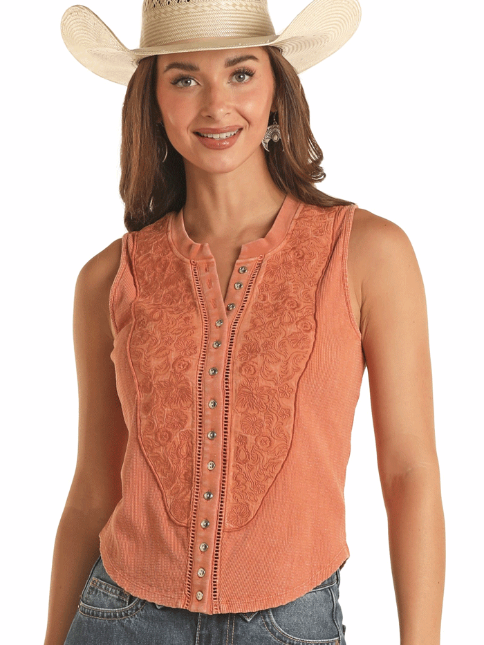 Rock & Roll Denim BW20T03302 RST Women's Embroidered Floral Tank Top in Rust - Stylish Casual Wear for Summer Outings & Music Festivals