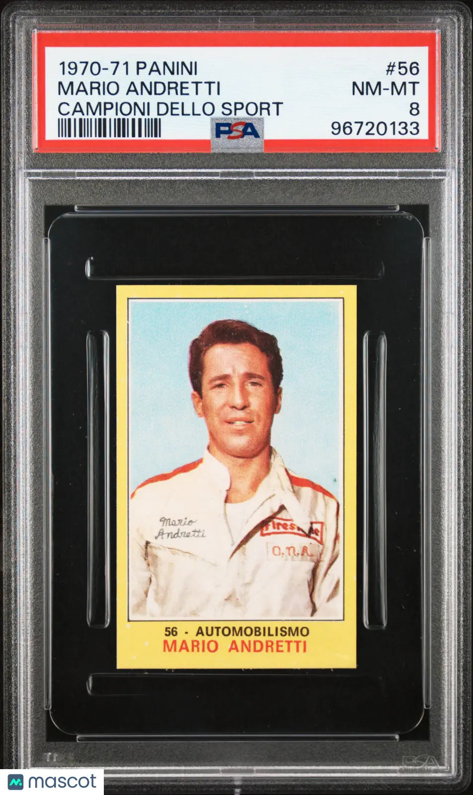 1970 Panini Campioni Dello Sport Mario Andretti #56 PSA 8 - Vintage Racing Card for Collectors & Fans - Perfect for Display, Trading, and Sports Memorabilia Collections