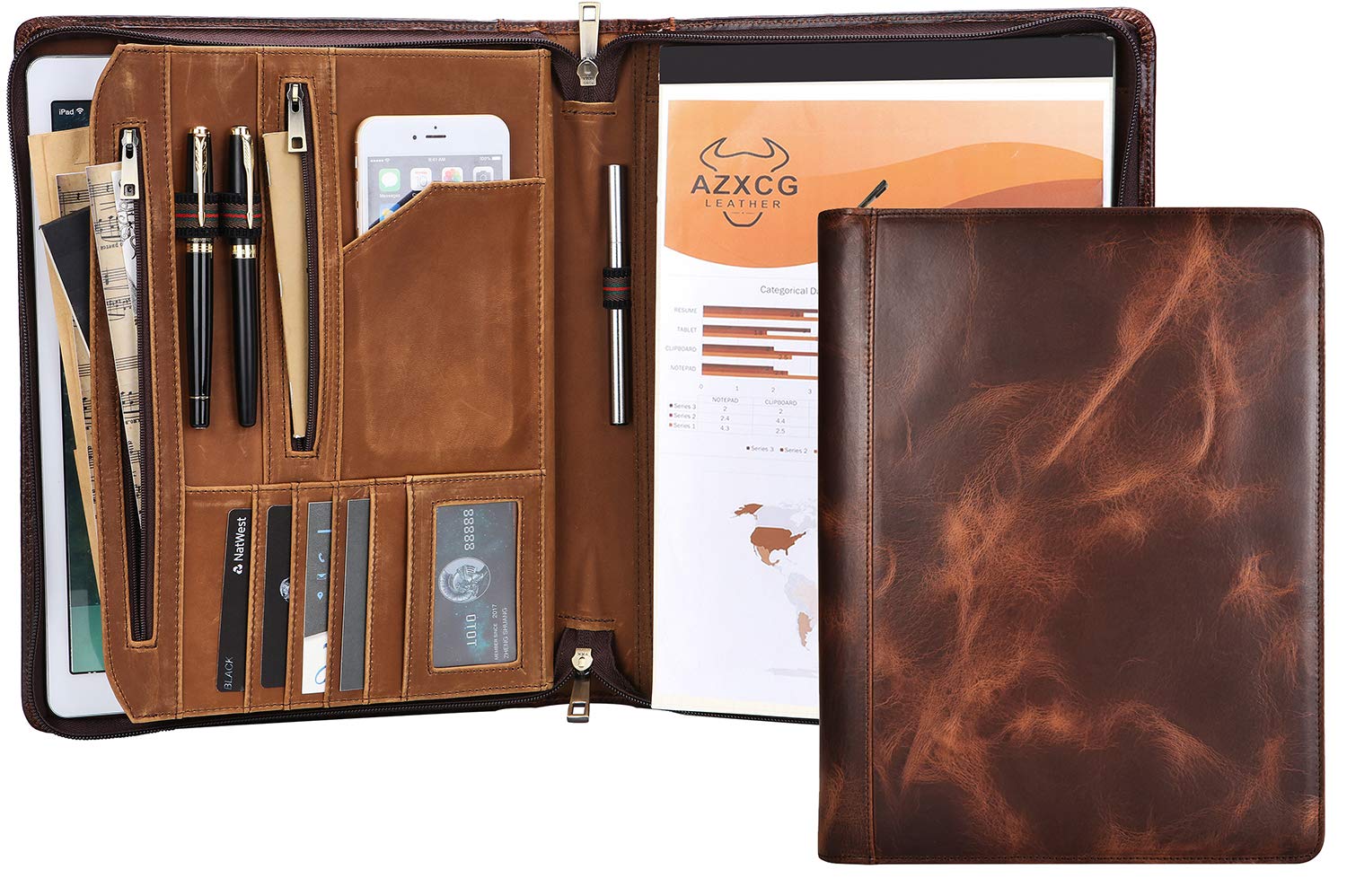 Premium Leather Business Portfolio & Zippered Folio Folder - Professional A4 Notebook Organizer with Oil Wax Finish, Ideal for Office, Meetings & Corporate Gifts for Men & Women