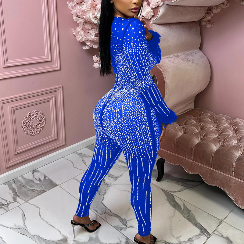 Women's Mesh Pressed Drill V-Neck Jumpsuit - Elegant Casual Romper for Summer Outfits, Beach Wear & Party Dresses | Breathable Comfort Fit for Daytime & Evening Occasions
