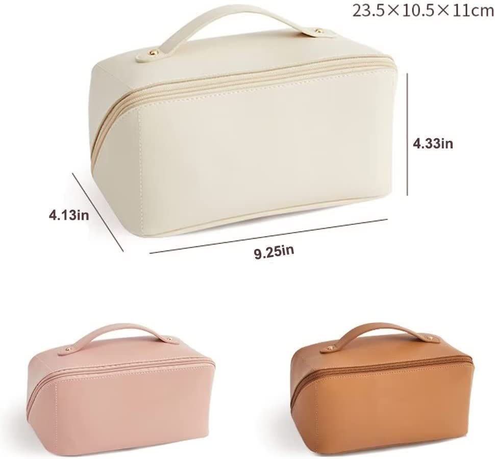 Premium Leather Cosmetic Bags for Women - Large Capacity Waterproof Makeup Travel Organizer | Roomy Travel Toiletry Bag for Women & Girls (Beige) | Perfect for Air Travel, Gym, Beach & Daily Essentials Storage