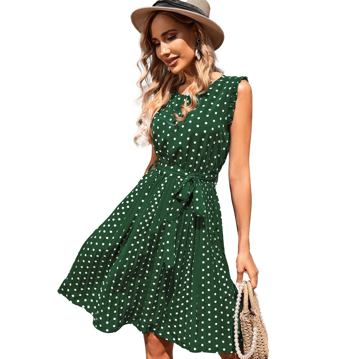 Women's Casual Polka Dot Summer Midi Dress - Sleeveless Retro Sundress for Beach, Vacation & Outdoor Parties