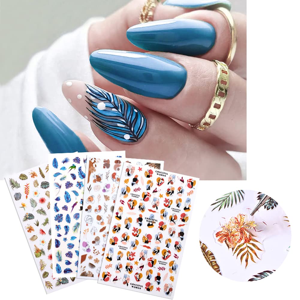 5 Sheets French Nail Art Stickers - Floral Leaves 3D Self-Adhesive Nail Decals for Women | Colorful Wavy Stripe & Abstract Leaf Designs | Perfect for Manicure, Pedicure, Nail Salon & DIY Home Nail Art