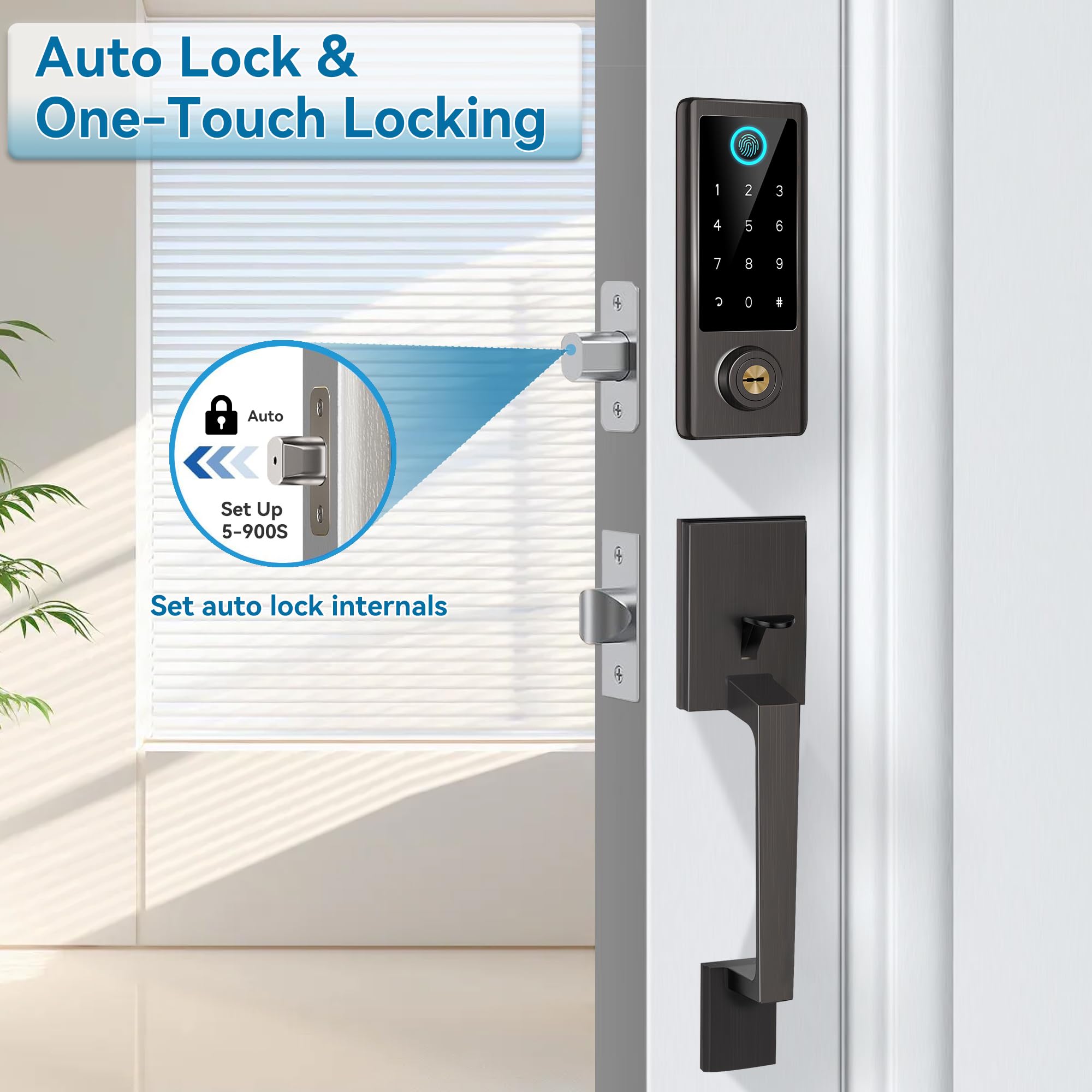 BEBASIA Smart Fingerprint Door Lock with Keyless Entry - Bluetooth Electronic Keypad Deadbolt & Handle Set in Aged Bronze for Front Door Security | Perfect for Homes, Apartments & Vacation Rentals