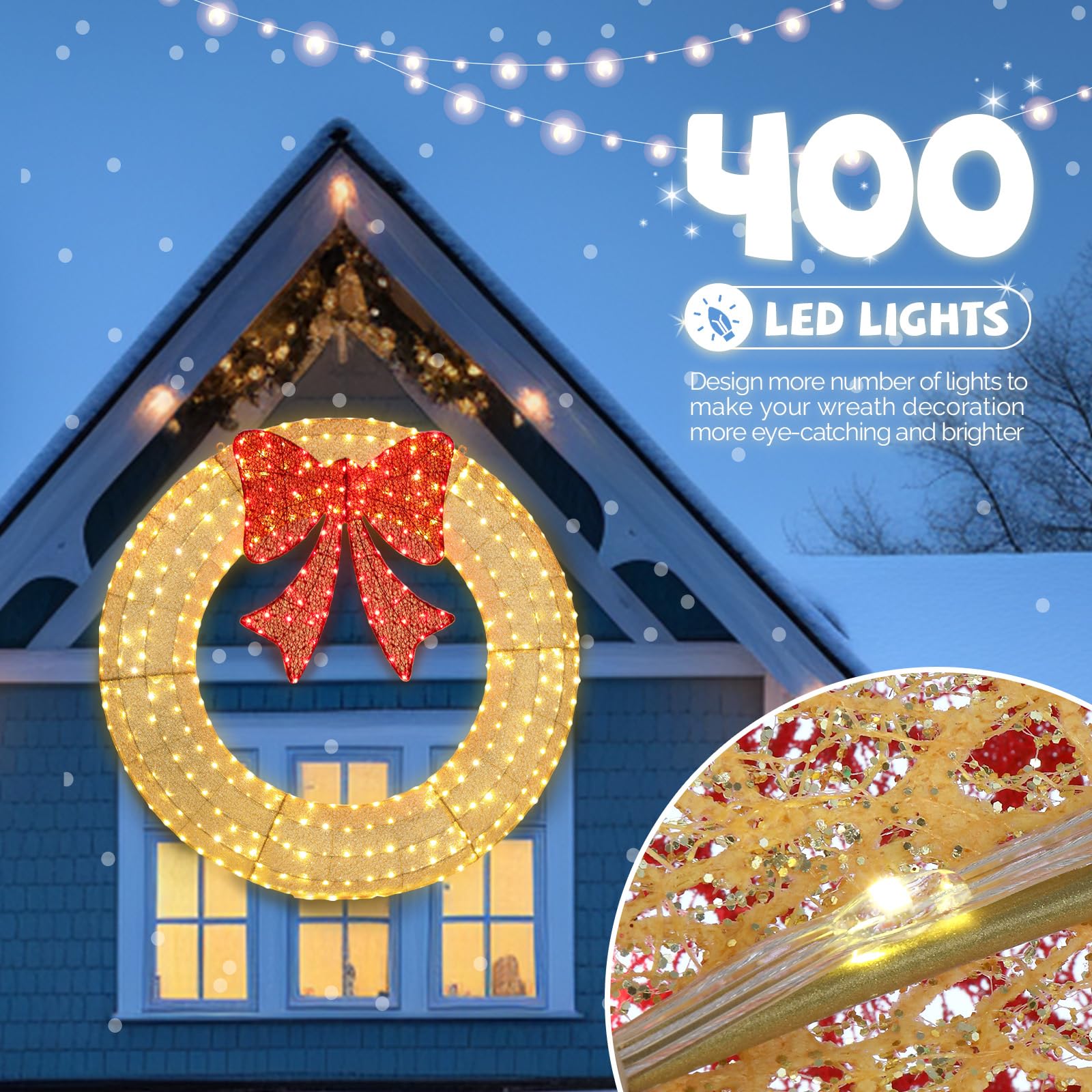 VINGLI 60 Inch Pre-lit Large Christmas Wreath with 400 LED Lights - Gold Holiday Decor with Red Bow, Timer & Remote Control - Outdoor Christmas Wreath for Garage Door, Porch & Holiday Decorations