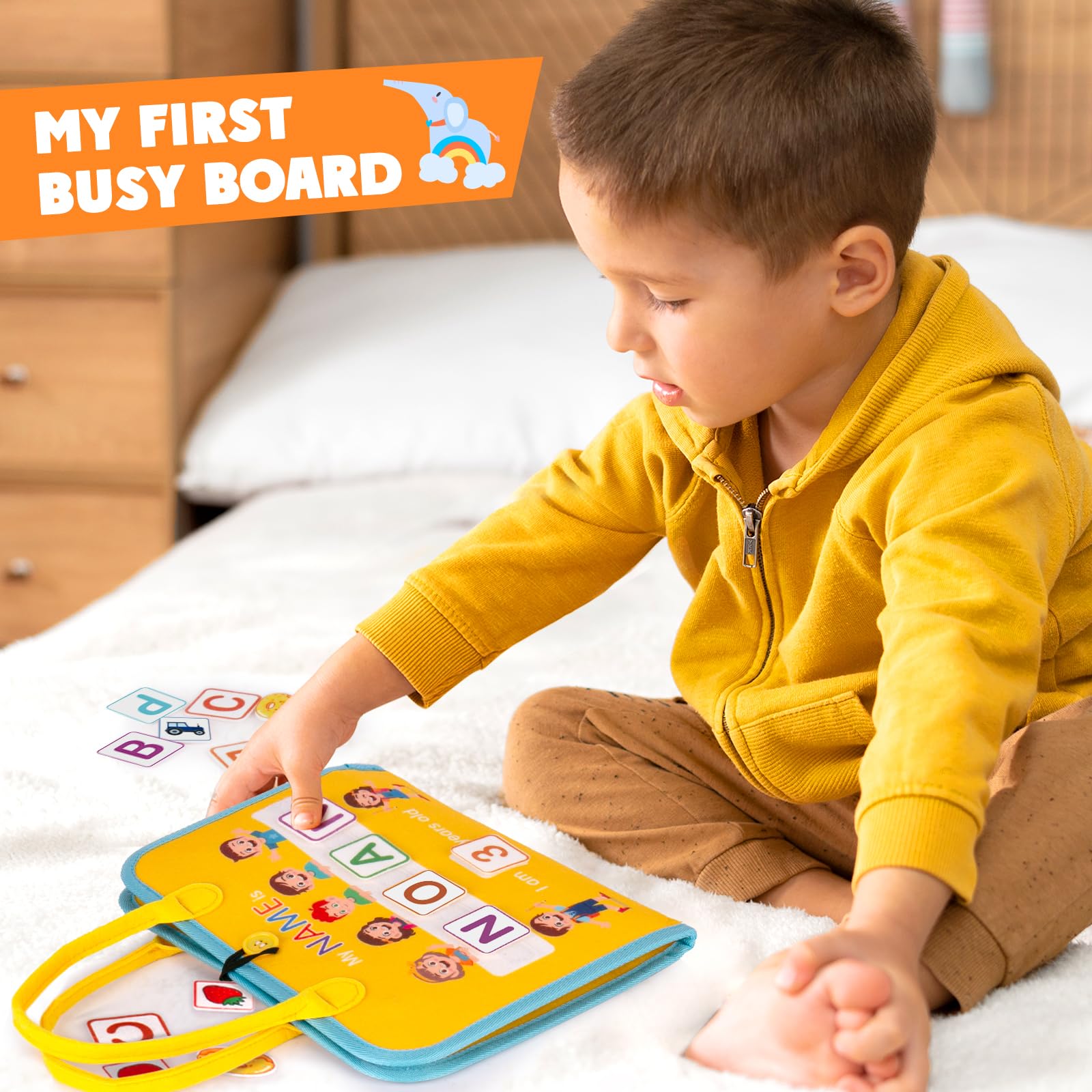 Montessori Busy Board for Toddlers - Sensory Learning Toy for Fine Motor Skills Development - Educational Activity Board for Boys & Girls - Perfect Christmas & Birthday Gift (Yellow) - Ideal for Home, Travel & Classroom Learning