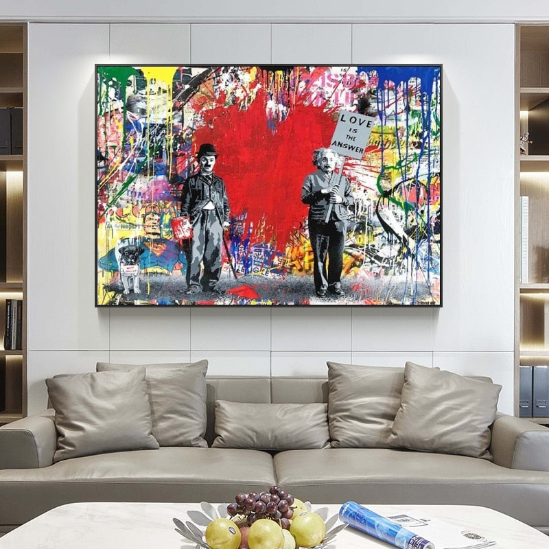 Banksy Love is the Answer Wall Art - Charlie & Einstein Modern Canvas Print - Home & Office Decor, Living Room Wall Art, Gift for Art Lovers