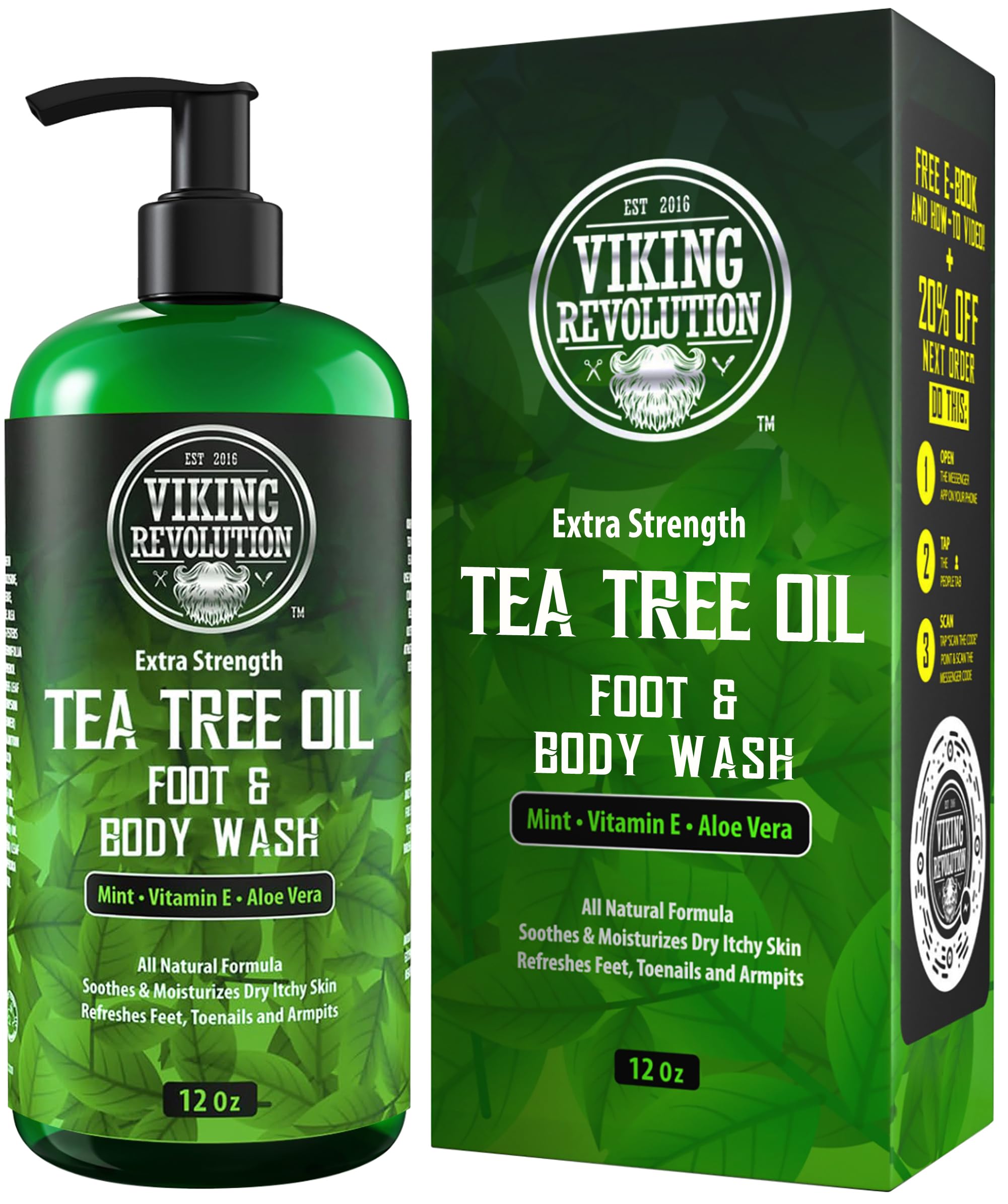 Viking Revolution Tea Tree Body Wash for Men - Extra Strength Formula with Tea Tree Oil - Helps with Athlete's Foot, Jock Itch, Eczema & Body Odor - Refreshing Men's Body & Foot Wash - Ideal for Post-Workout, Gym & Daily Shower Use