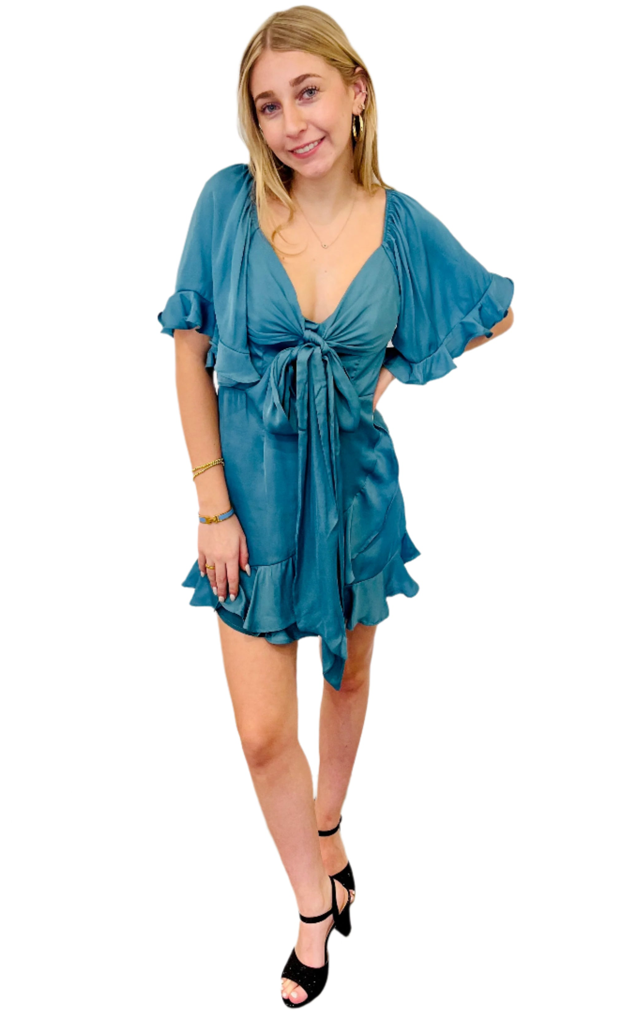 Paradise Teal Blue Ruffle Flutter Short Sleeve Mini Dress - Perfect for Summer Parties, Beach Vacations & Date Nights