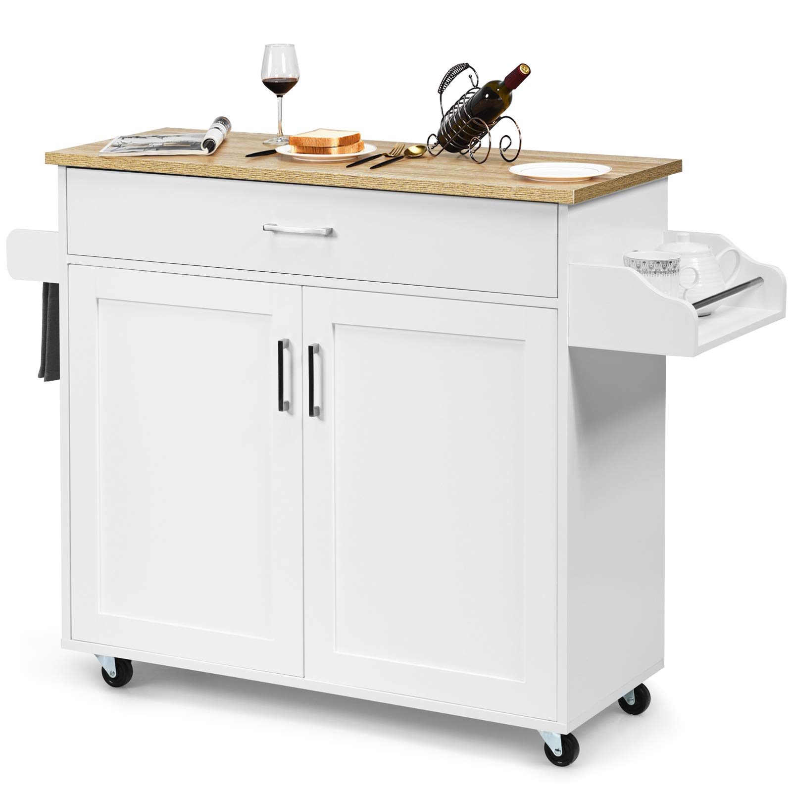 Giantex White Kitchen Island Cart with Spice Rack, Towel Holder, Large Drawer & 2-Door Cabinet - Mobile Kitchen Trolley on Lockable Wheels for Home, Restaurant & Small Space Cooking - Perfect for Meal Prep, Storage & Serving