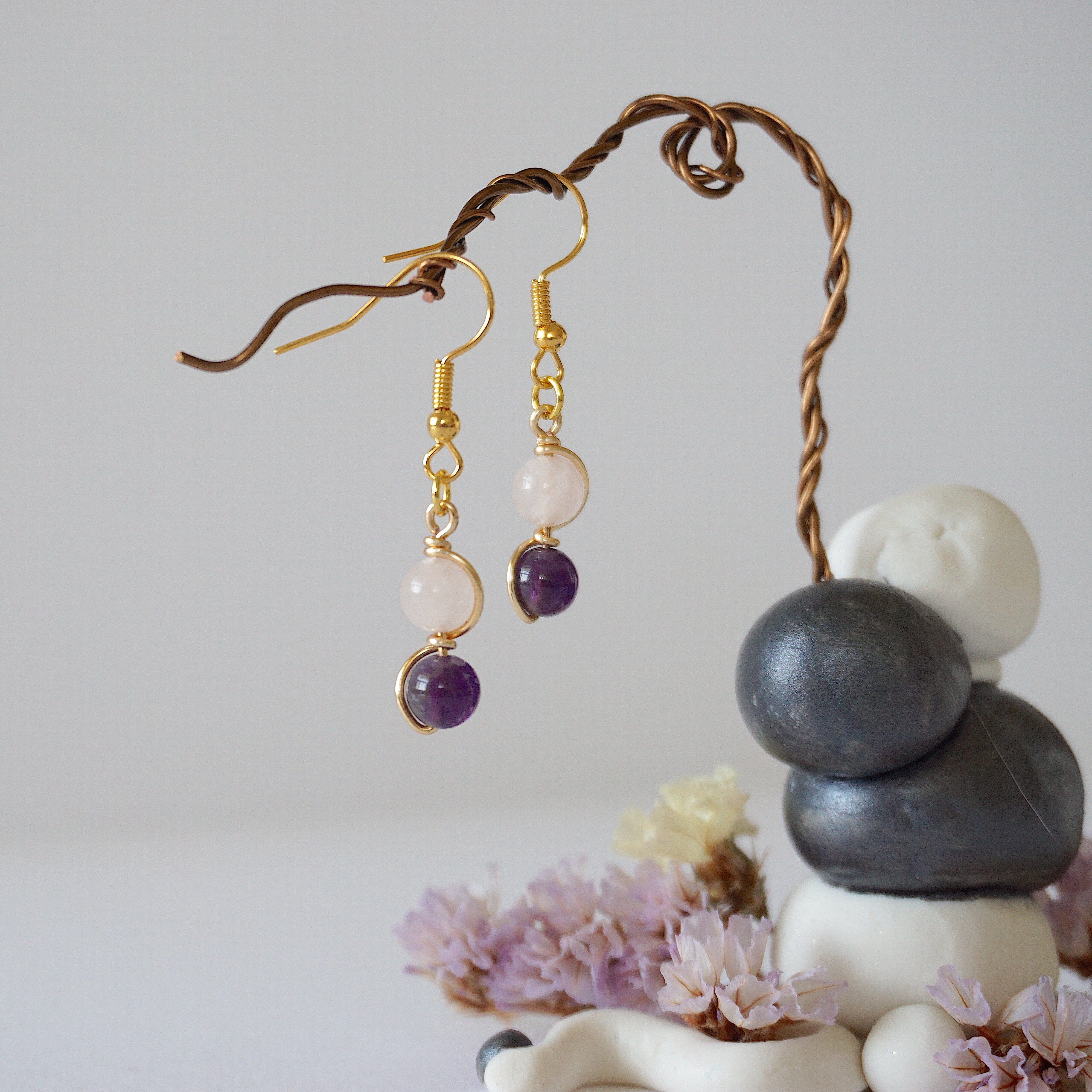 Rose Quartz & Amethyst Drop Earrings - Gold Plated Double Bead Dangle Jewelry for Women | Perfect for Weddings, Parties & Everyday Elegance