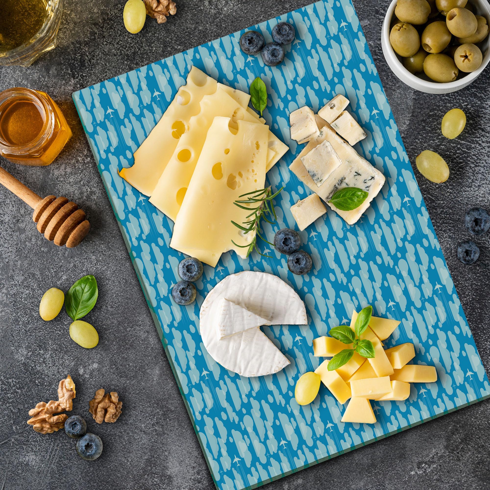 Ambesonne Blue Sky Tempered Glass Cutting Board - Airplane Flying Through Clouds Design - Large Decorative Serving Board for Kitchen & Dining - Perfect for Cheese, Charcuterie & Party Platters