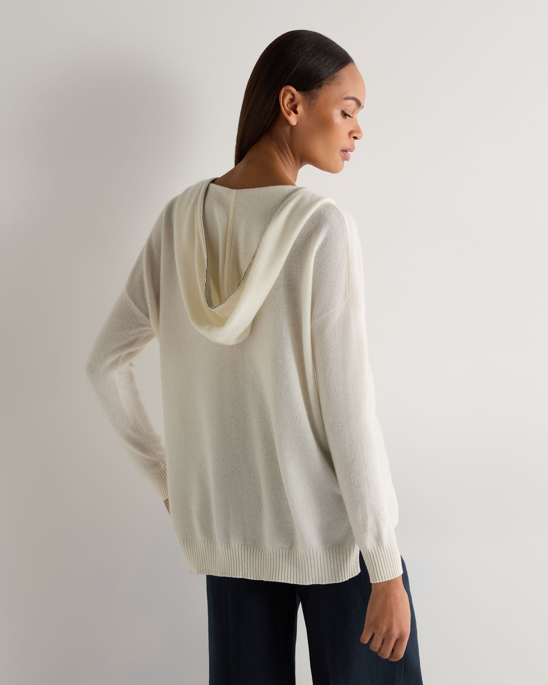 Women's Cashmere Hoodie with Maya Metal Trim - Soft Ivory White Winter Pullover for Casual Outings & Cozy Loungewear