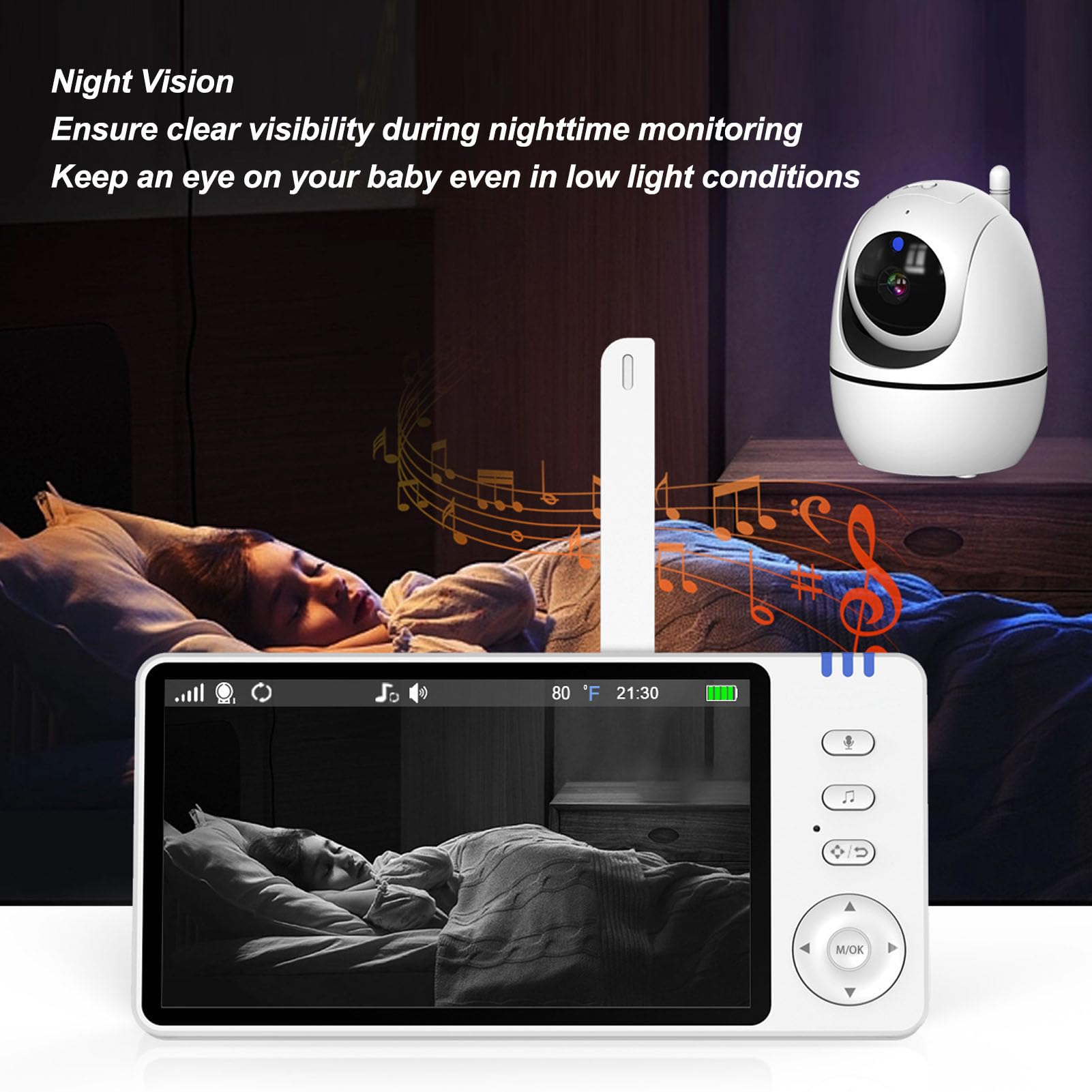 5 Inch Indoor Security Camera with Night Vision & Motion Sensor - Baby Monitor with Alarm, US Plug - Ideal for Home, Nursery & Pet Monitoring