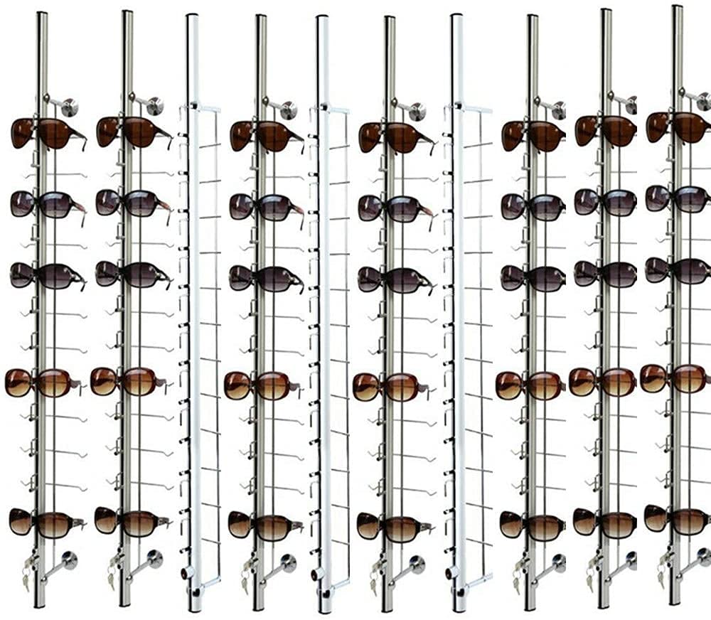 LOYALHEARTDY 10-Piece Aluminum Eyeglass Display Stand with Lock - Sunglasses Rack Organizer for Optical Shops & Glasses Malls - Holds 12 Frames (43.3