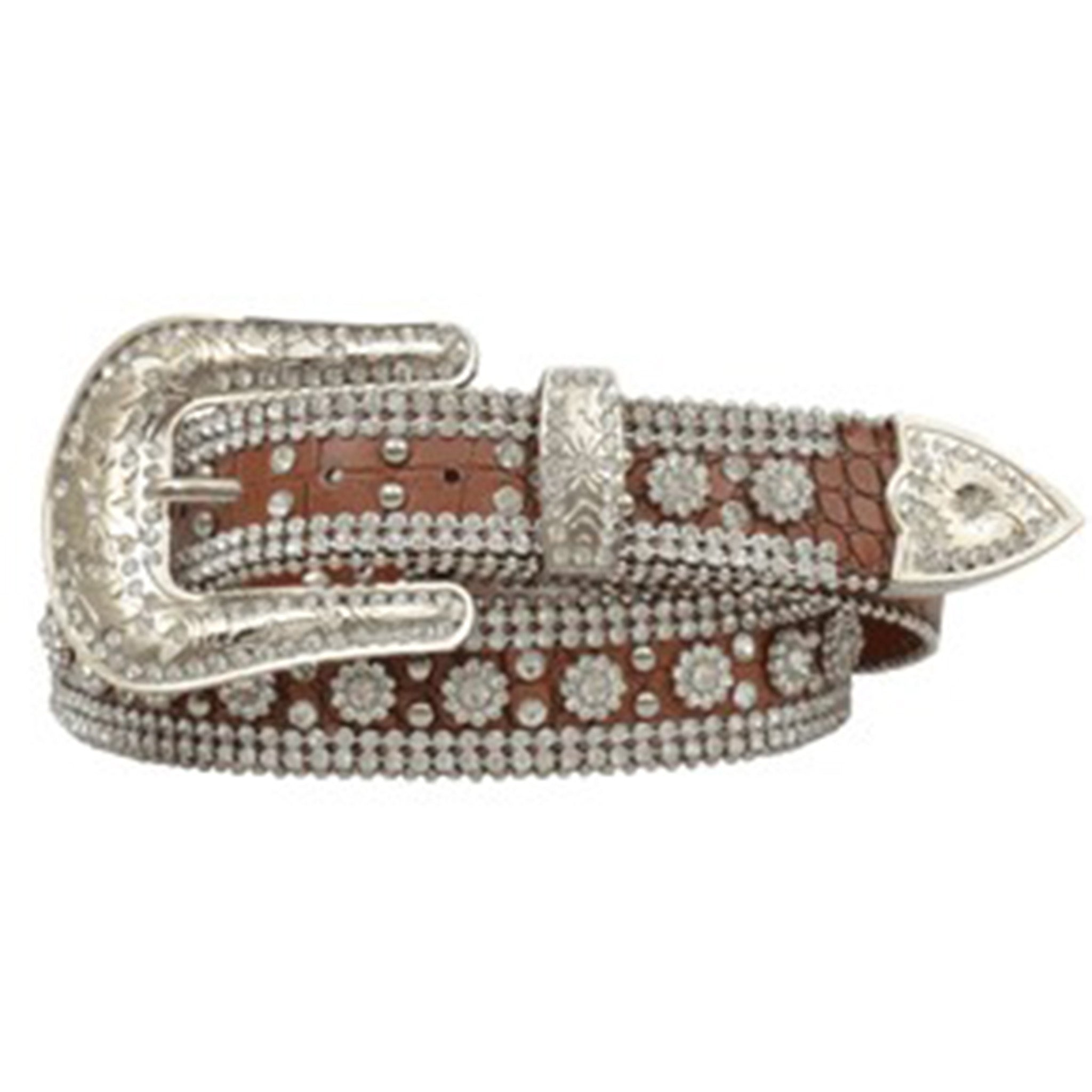 Angel Ranch Women's Genuine Alligator Leather Belt with Floral Embossed Design - Brown Western Style Belt for Cowgirl Fashion & Country Outfits
