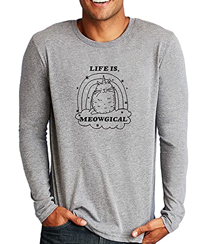 Life is Meowgical Funny Cat Graphic Long Sleeve T-Shirt for Men - Comfortable Cotton Tee with Saying - Heather Gray (Size L) - Perfect for Casual Wear, Gifts & Cat Lovers