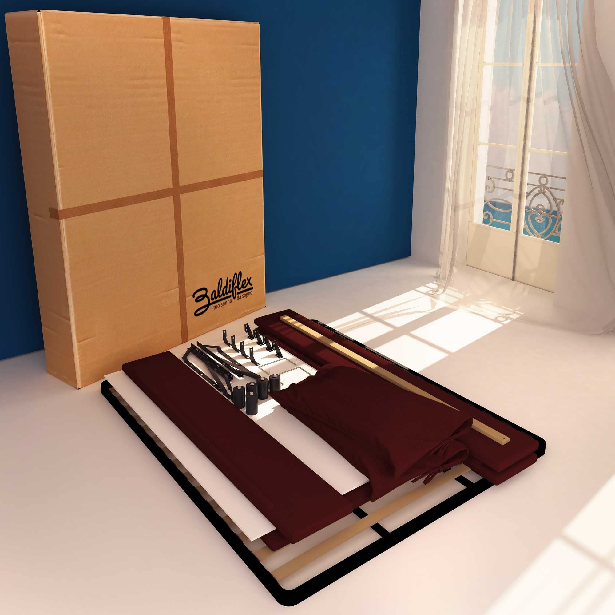 Baldiflex Single Bed with Storage - Licia Soft Synthetic Leather Upholstery, Slatted Base for Single Mattress, 120 x 190 cm, Padded Headboard, Bordeaux Red - Perfect for Small Bedrooms, Guest Rooms & Studio Apartments