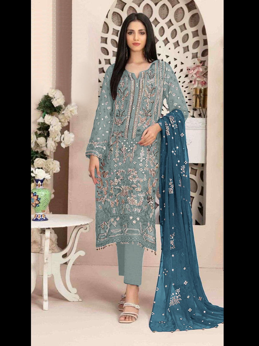 Elegant Aqua Blue Semi-Stitched Designer Pant Suit with Exquisite Embroidery - Perfect for Weddings, Parties & Special Occasions