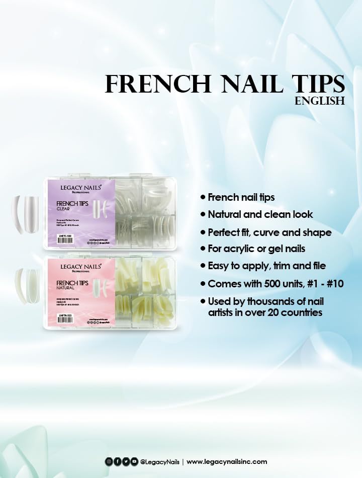 Legacy Nails Professional Nail Tips for Acrylic, Gel & Builder Gel - French & Clear Artificial Nails for Salon & DIY Manicures | Perfect for Nail Extensions, Overlays & Special Occasions