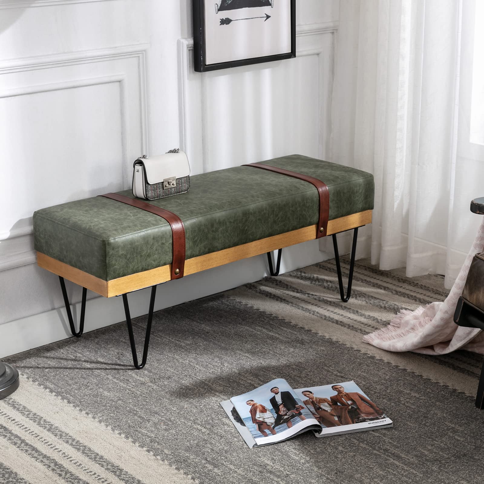 Antetek Mid Century Modern Upholstered PU Leather Bench with Metal Legs - Entryway, Bedroom, Living Room & Dining Room Bench - Perfect for Bed End, Hallway Seating & Home Decor (Green)
