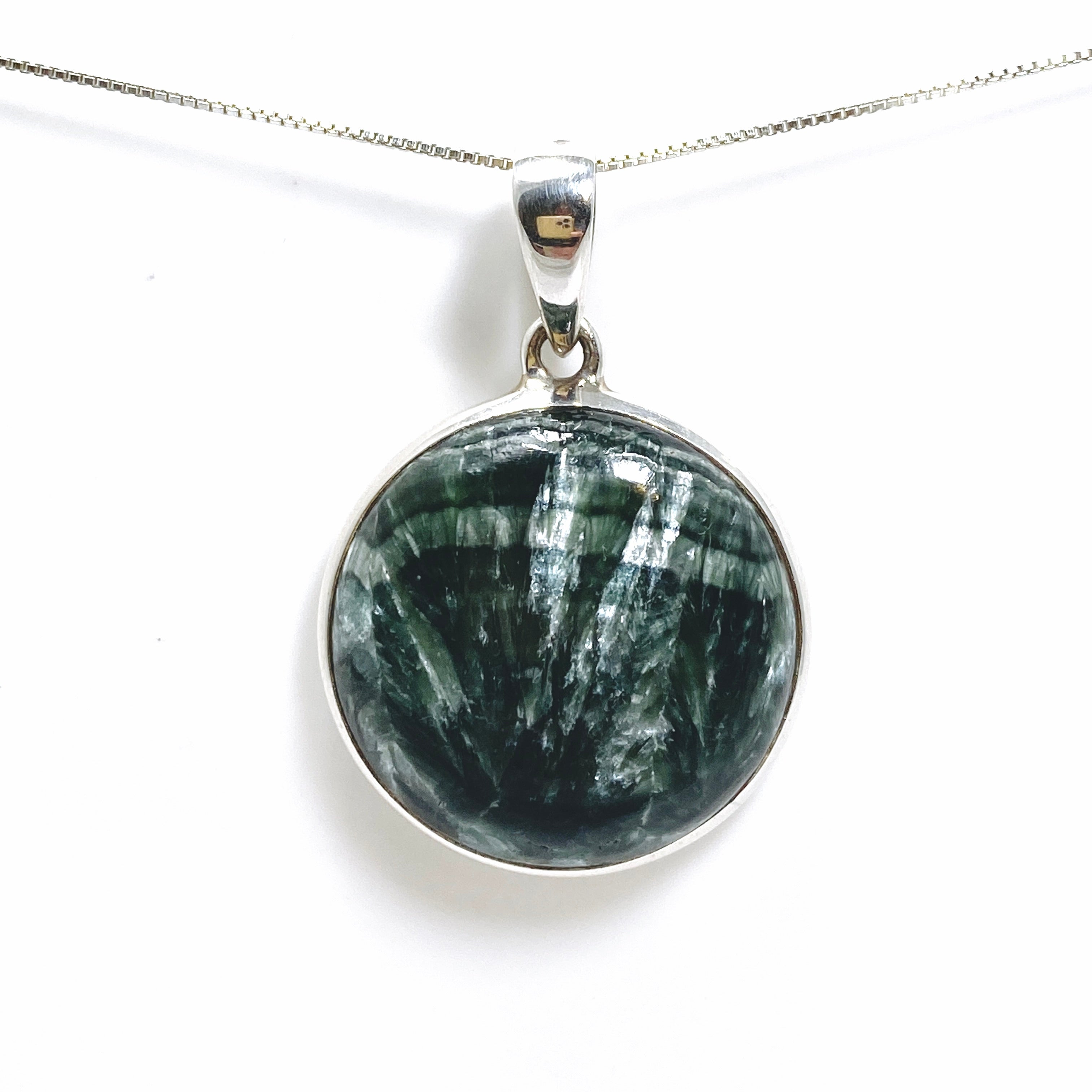 Natural Seraphinite Round Cabochon Pendant Necklace - Handmade Silver Jewelry for Women | Perfect for Meditation, Healing & Spiritual Gifts