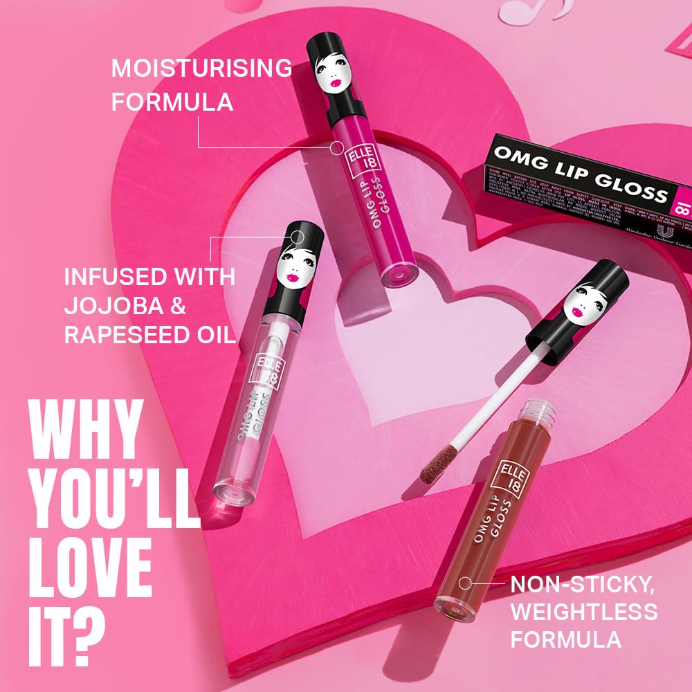 Elle 18 OMG Lip Gloss - Wicked Wine Shade, Glossy Non-Sticky Formula with Rapeseed & Jojoba Oil, Lightweight Moisturizing Lip Gloss for Full Coverage (2.5ml) - Perfect for Everyday Wear, Date Nights & Special Occasions