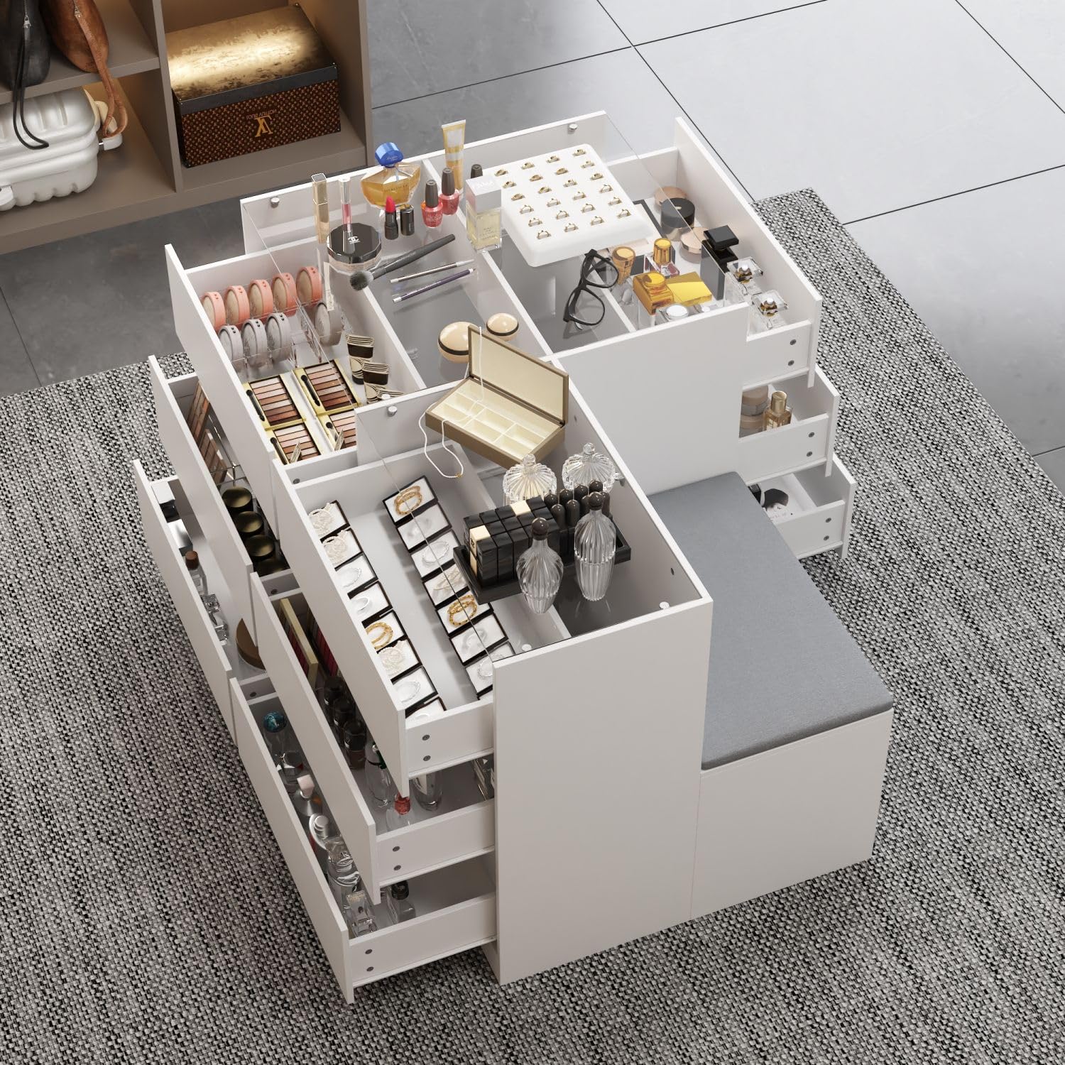 White Bedroom Island Wardrobe Closet with 9 Drawers, Glass Tabletop & Cushion Bench - 47.2”W x 27.5”D x 31.5”H - Perfect for Bedroom Organization, Cloakroom Storage & Dressing Area
