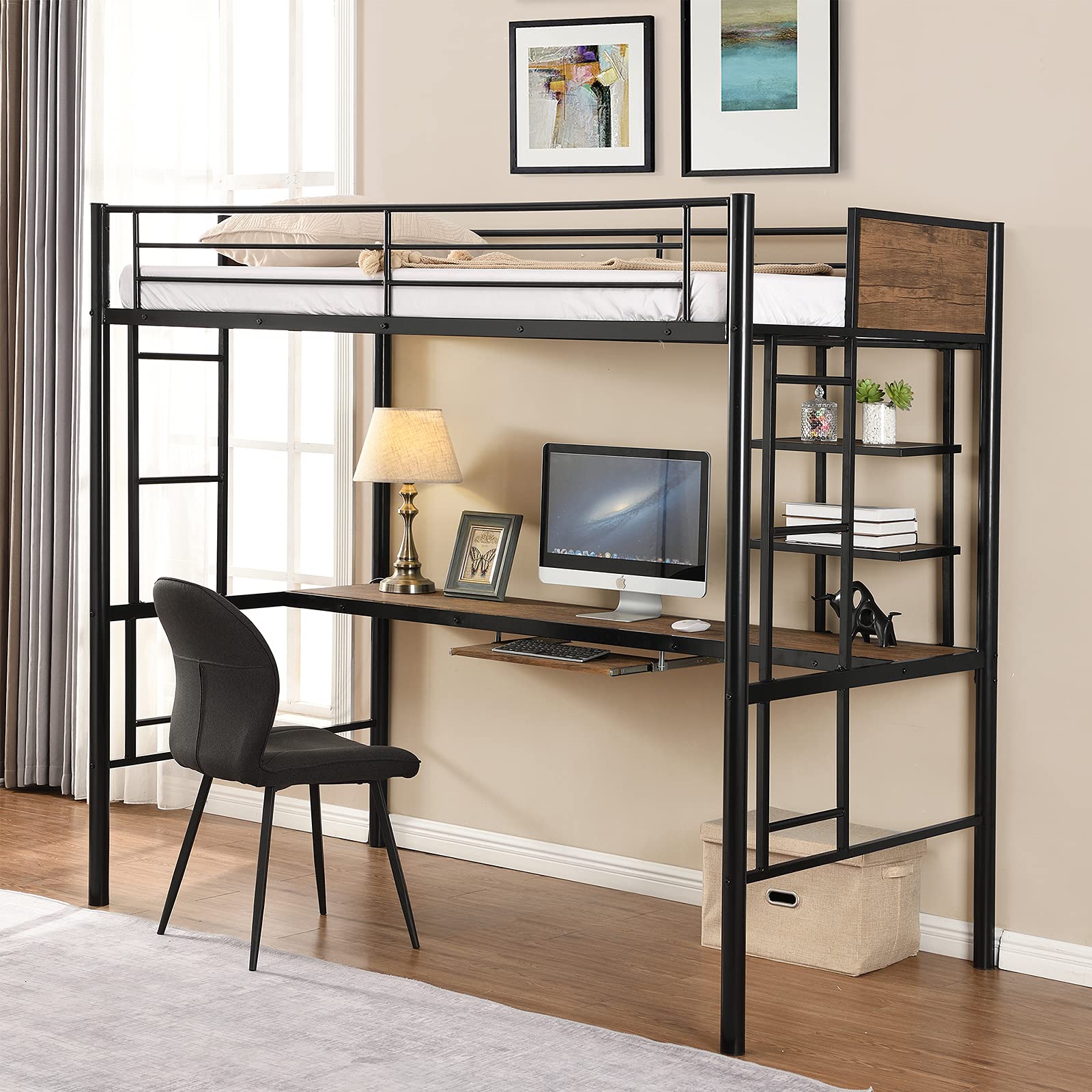 Space-Saving Metal Twin Size Loft Bed with Built-in Computer Desk & Storage Shelf - Perfect for Small Bedrooms, Dorms & Studio Apartments