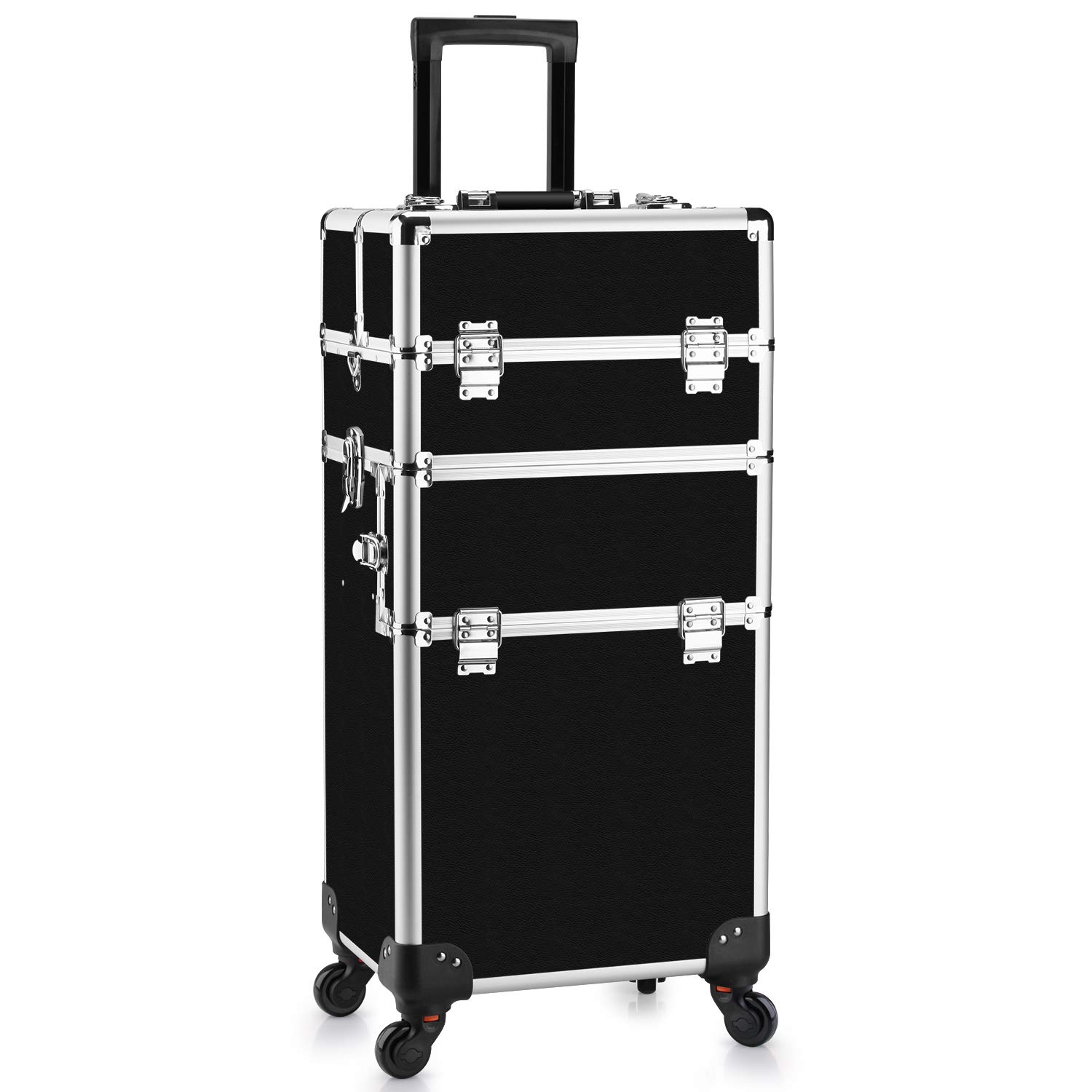 OUDMAY Professional 2-in-1 Aluminum Makeup Train Case with Locks & Folding Trays - Rolling Cosmetic Storage Organizer for Makeup Artists & Travel (Black) - Perfect for Salon, Home Vanity & On-the-Go Beauty Needs