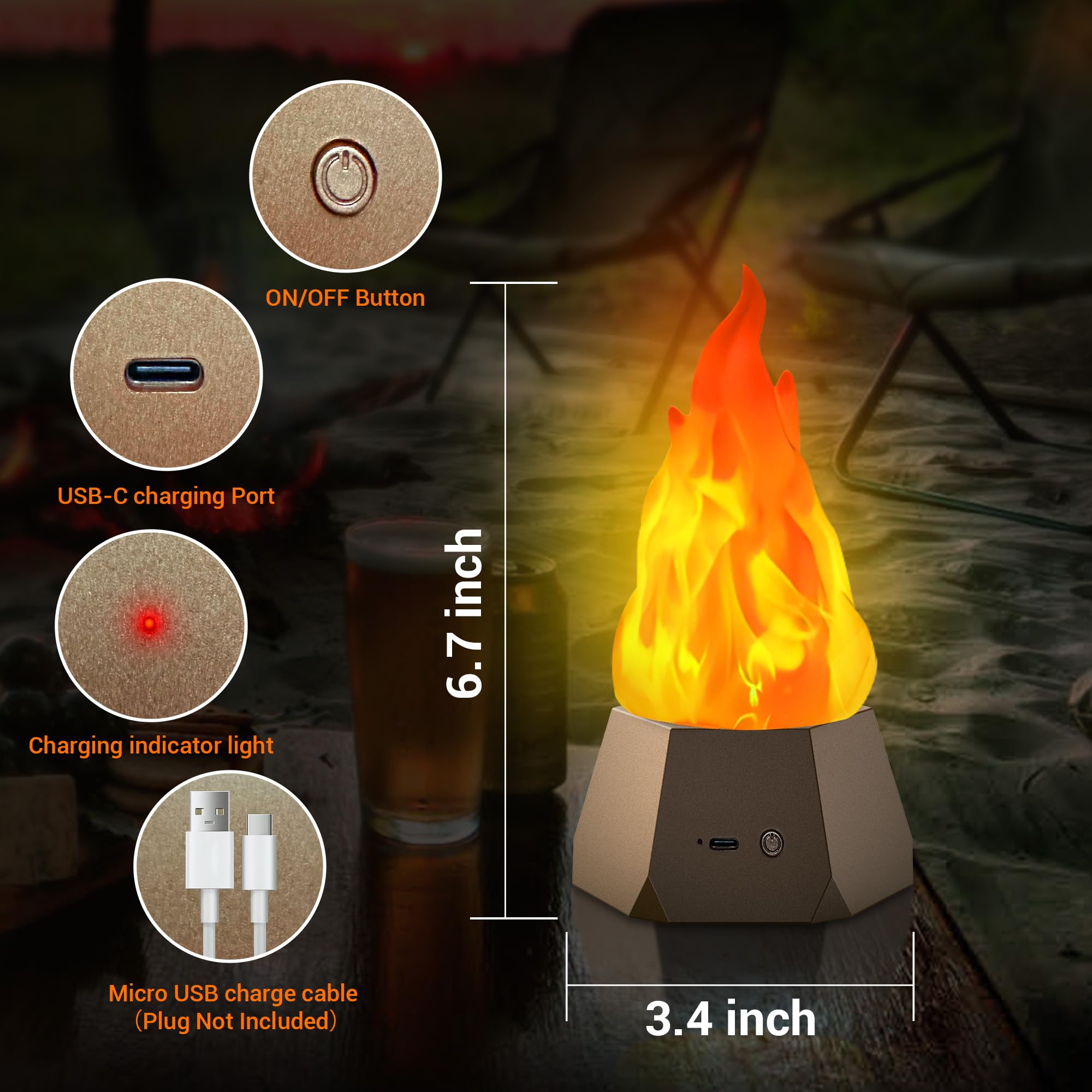 Rechargeable LED Flame Lights - Flameless Candles with Flickering Effect, Battery Operated Fake Fire Night Light for Home Decor (2 Pack) | Perfect for Kids Bedroom, Outdoor Camping, Parties, Bars, Christmas & Holiday Decorations