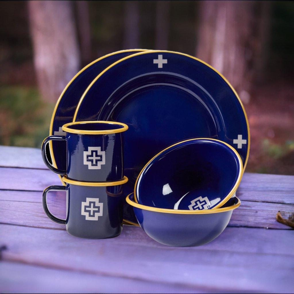 Navy Blue Cross Enamelware Dinner Plates - Vintage Style Enamel Dinnerware Set for Camping, Picnics & Outdoor Dining