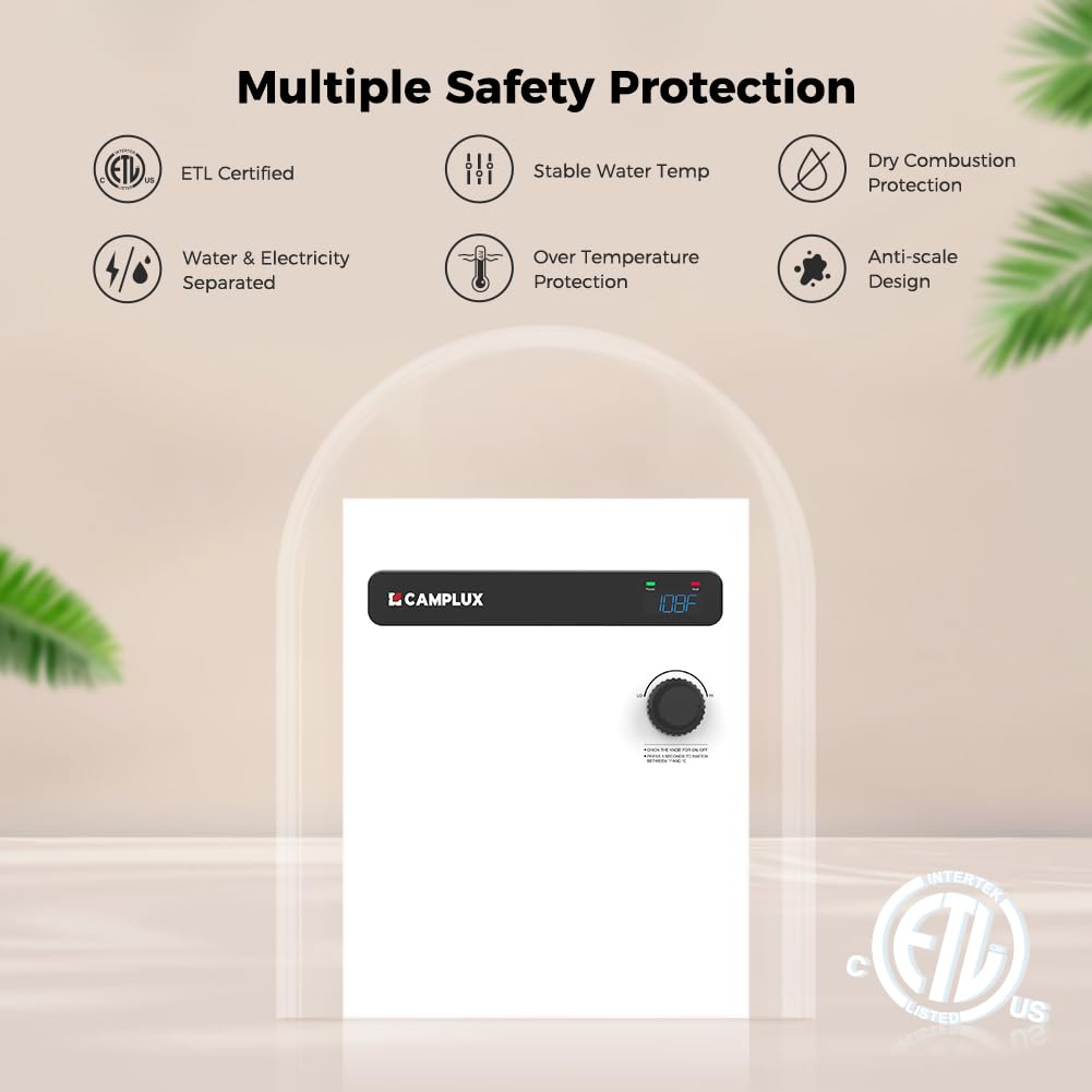 CAMPLUX 18kW Tankless Electric Water Heater - On Demand Hot Water System with Digital Display 240V for Whole House, Shower & Sink - Energy Efficient White Water Heater for Home, RV & Cabin Use