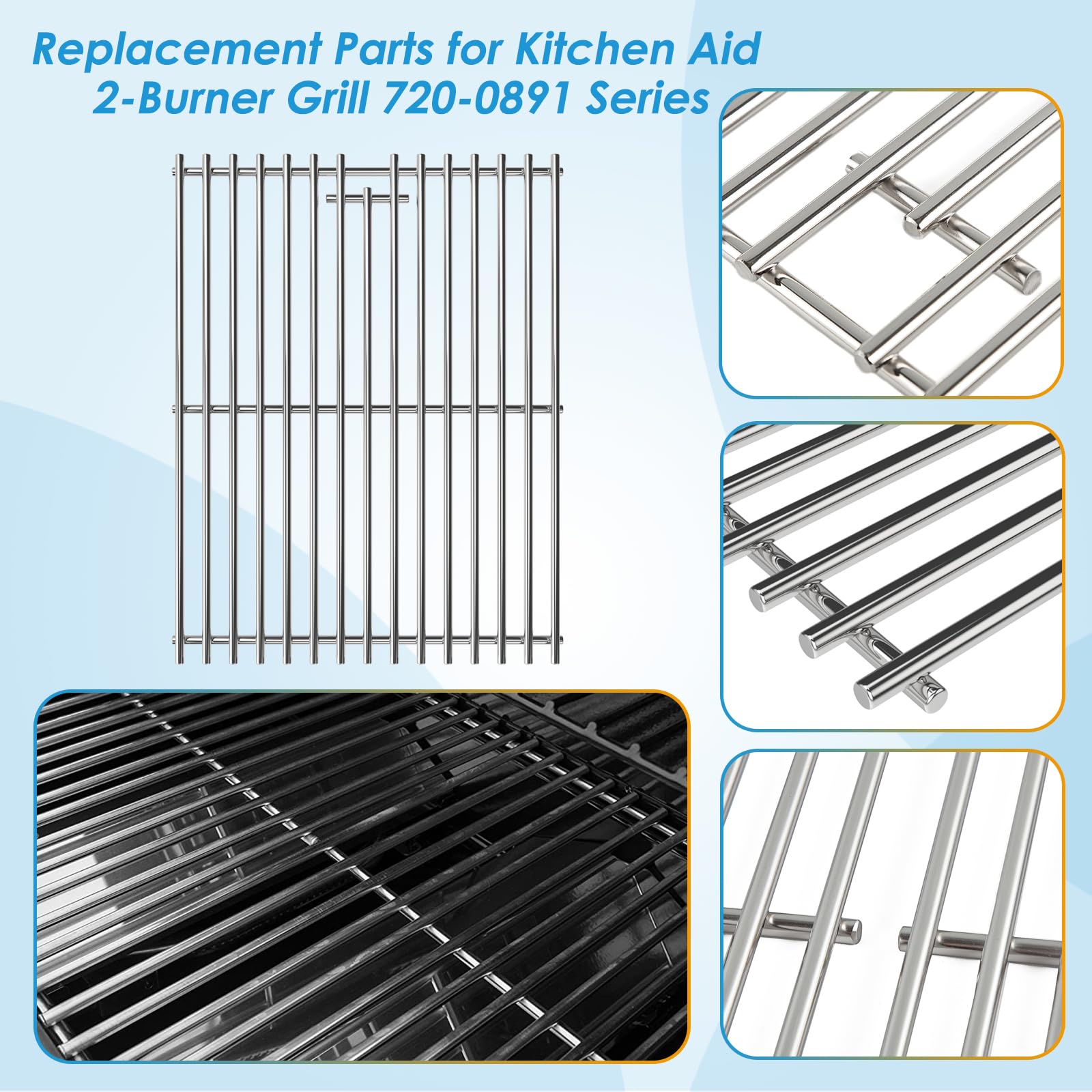 KitchenAid Grill Replacement Parts 720-0891CA 720-0891 720-0891B 720-0891R 730-0891B - Solid Stainless Steel Cooking Grates for KitchenAid Gas Grills - Perfect for Outdoor BBQ, Backyard Grilling & Replacement Parts